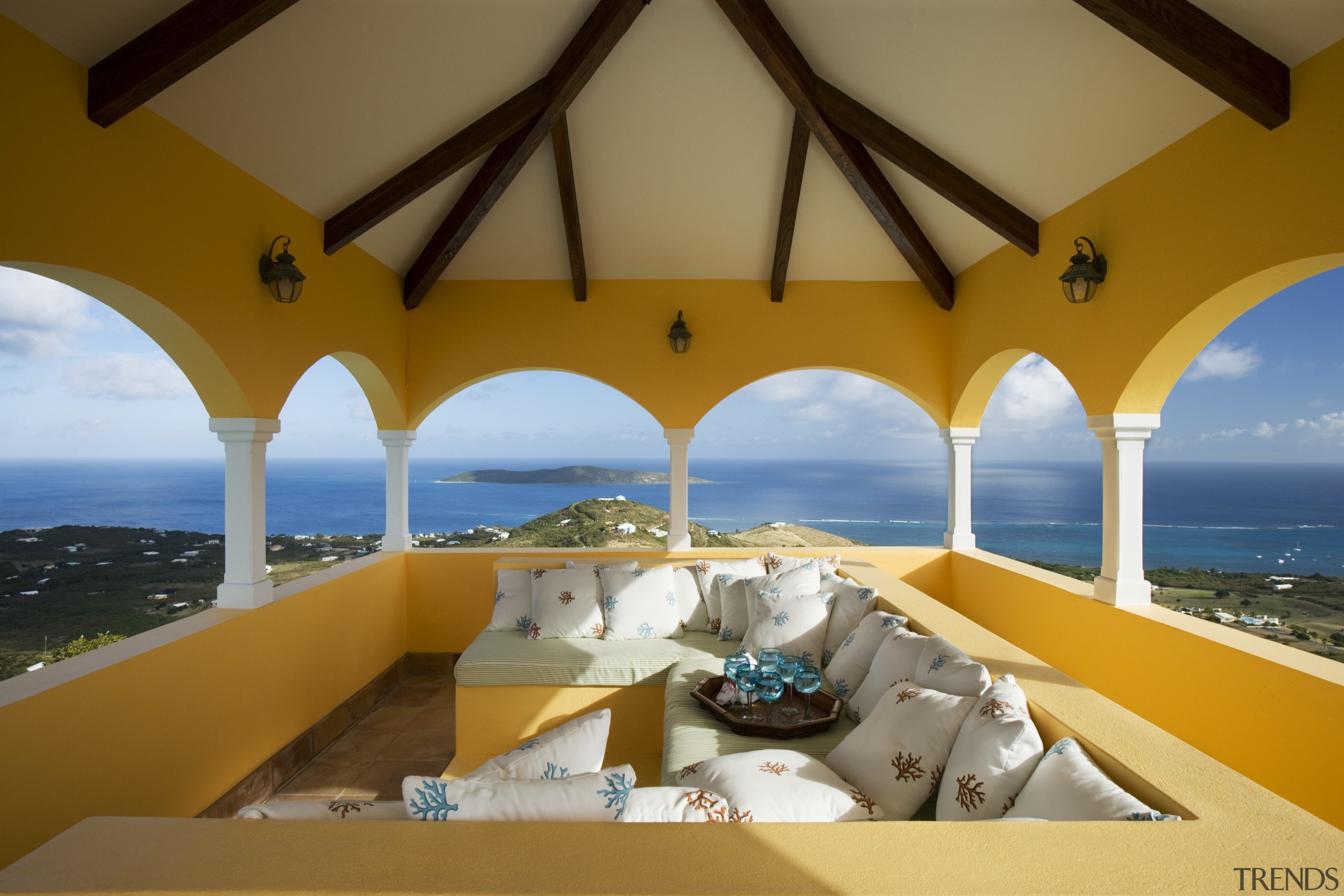 Outdoor living area with view out to sea estate, hotel, property, real estate, resort, sky, vacation, villa, brown