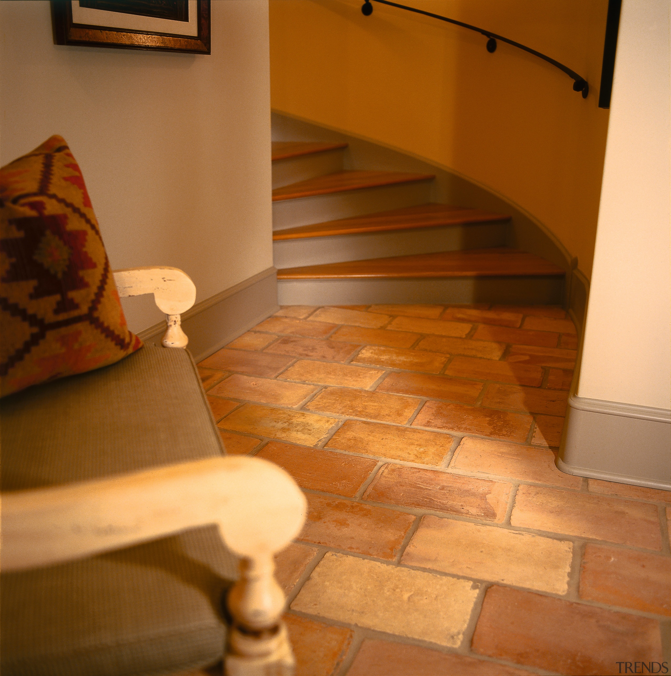 view of the cream and orange ceramic tiles floor, flooring, hardwood, interior design, laminate flooring, room, stairs, tile, wall, wood, wood flooring, wood stain, brown, orange