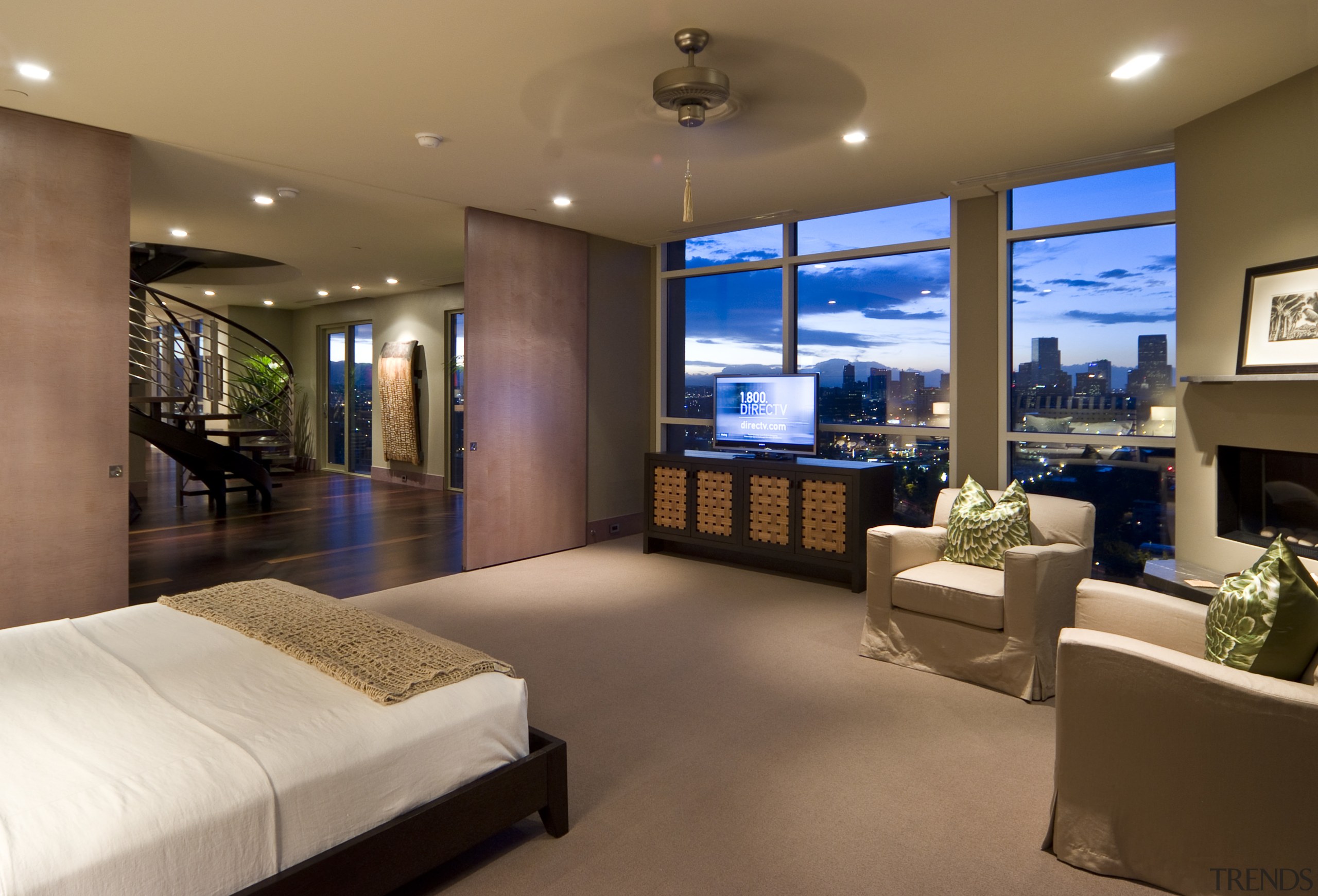 View of contemporary bedroom and bathroom with subdued ceiling, home, interior design, living room, real estate, room, brown