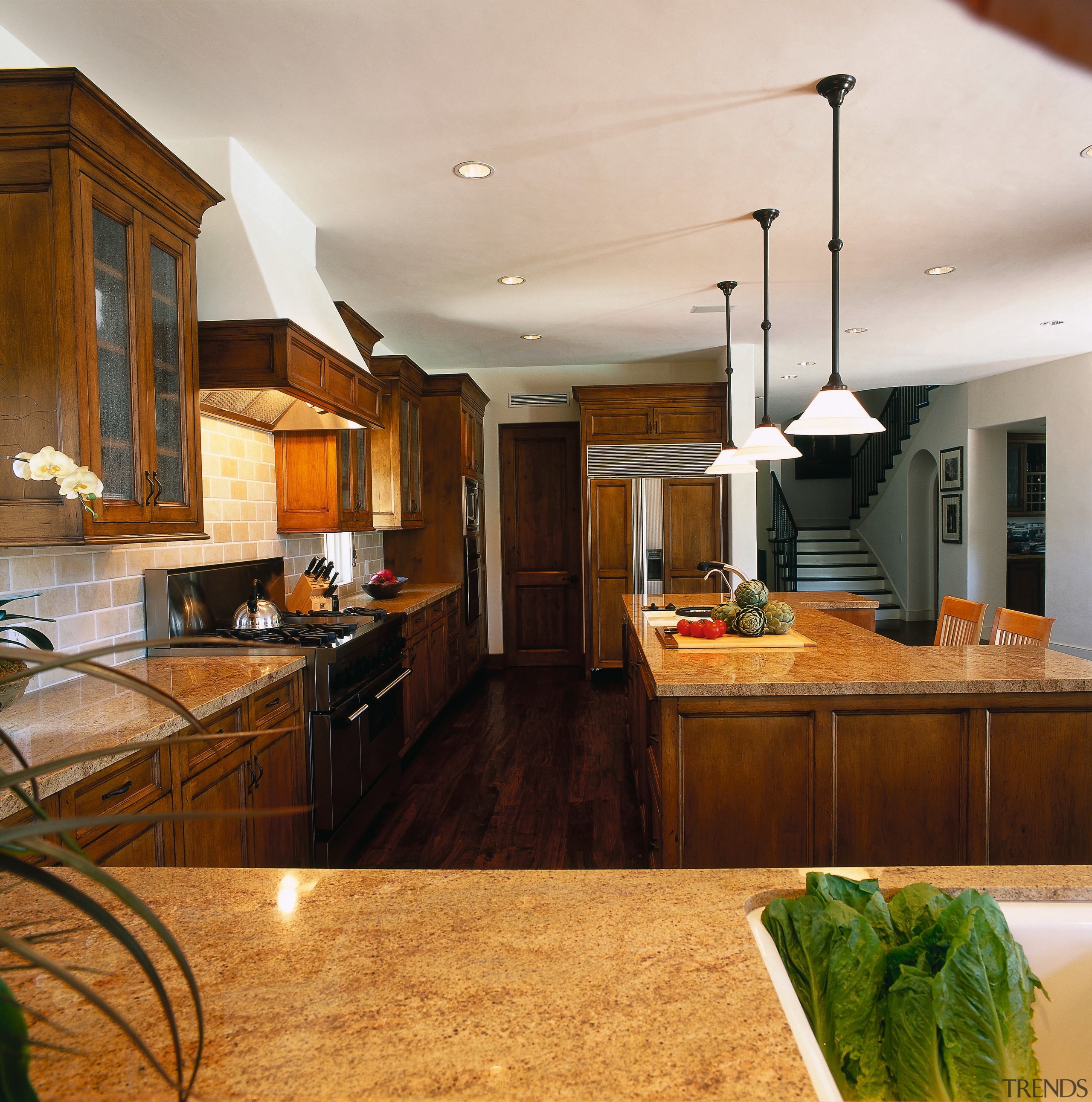 Broad view of this contemporary kitchen - Broad cabinetry, ceiling, countertop, cuisine classique, flooring, interior design, kitchen, real estate, room, brown, gray