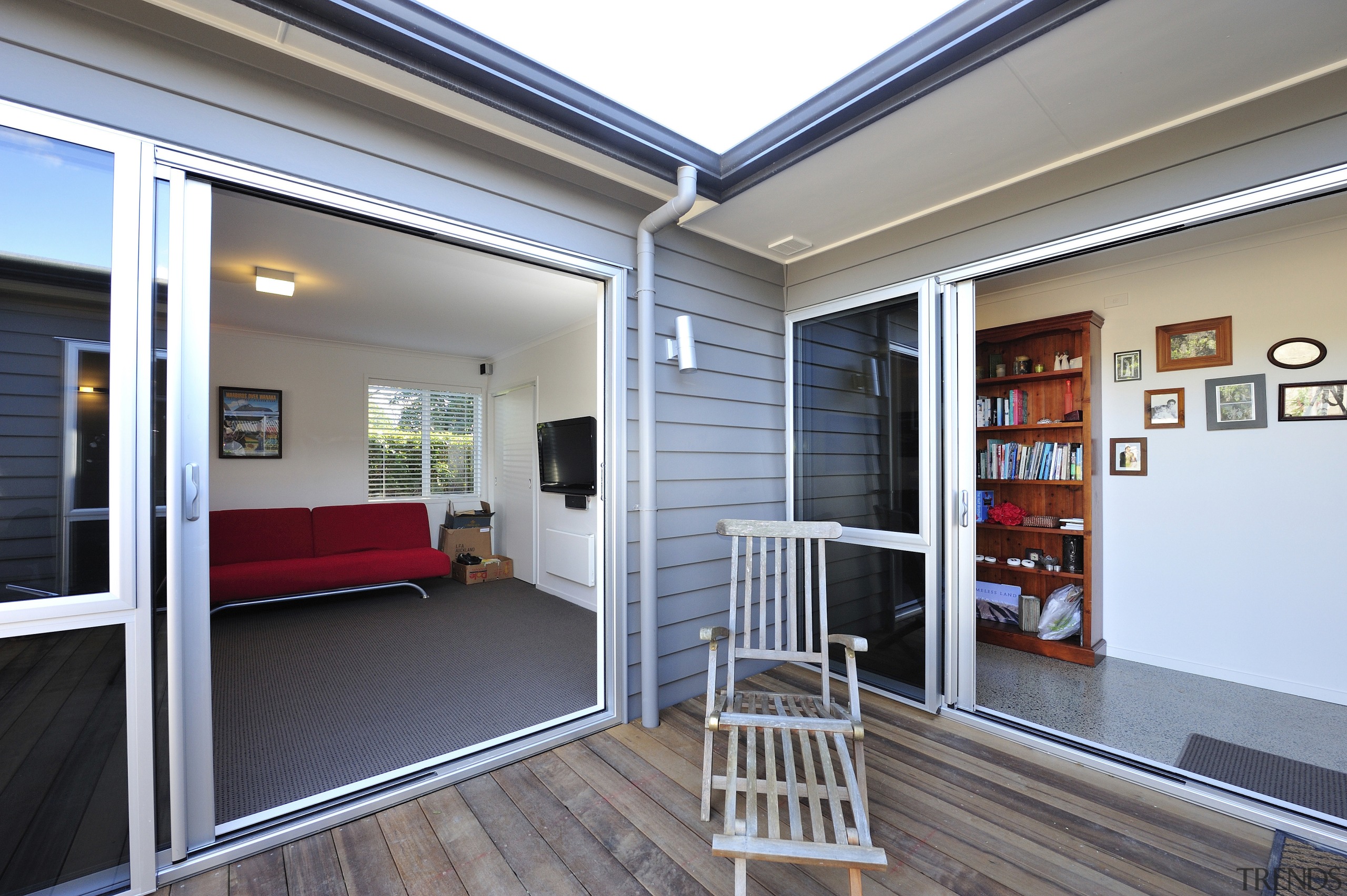 Exterior view of the deck area at this door, home, house, interior design, property, real estate, window, gray