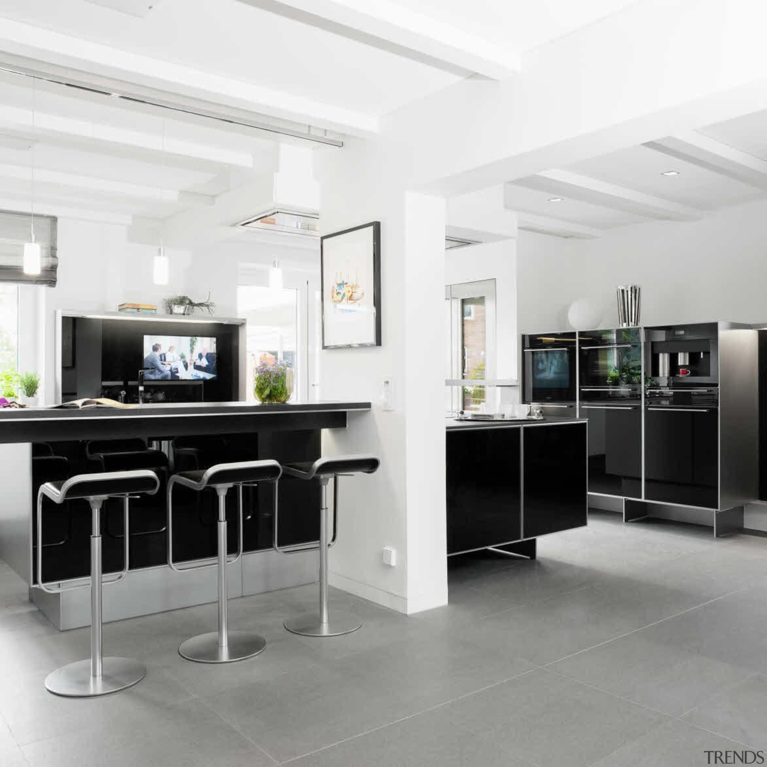 Modern Black and White KitchenFor more information, please floor, furniture, interior design, kitchen, office, white, gray