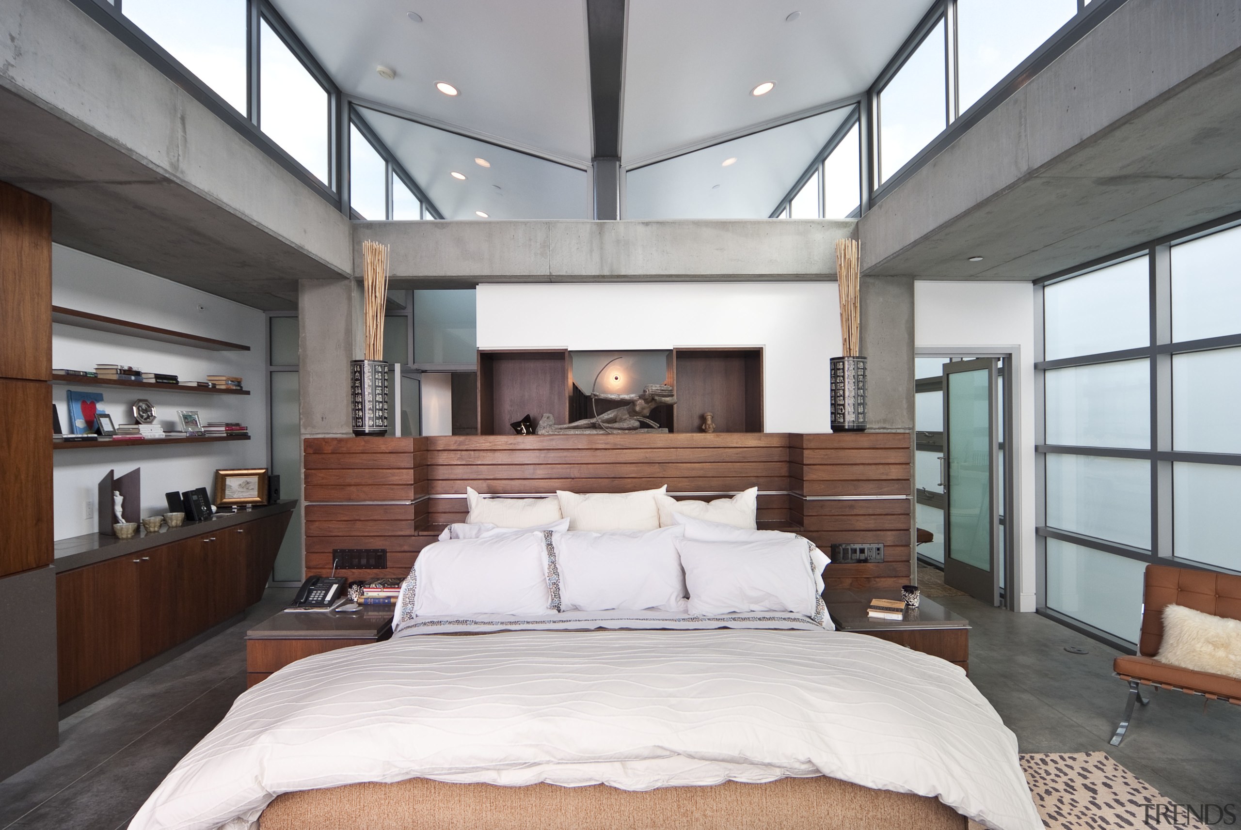 View of the master bedroom featuring wooden headboard bedroom, ceiling, interior design, room, white, gray