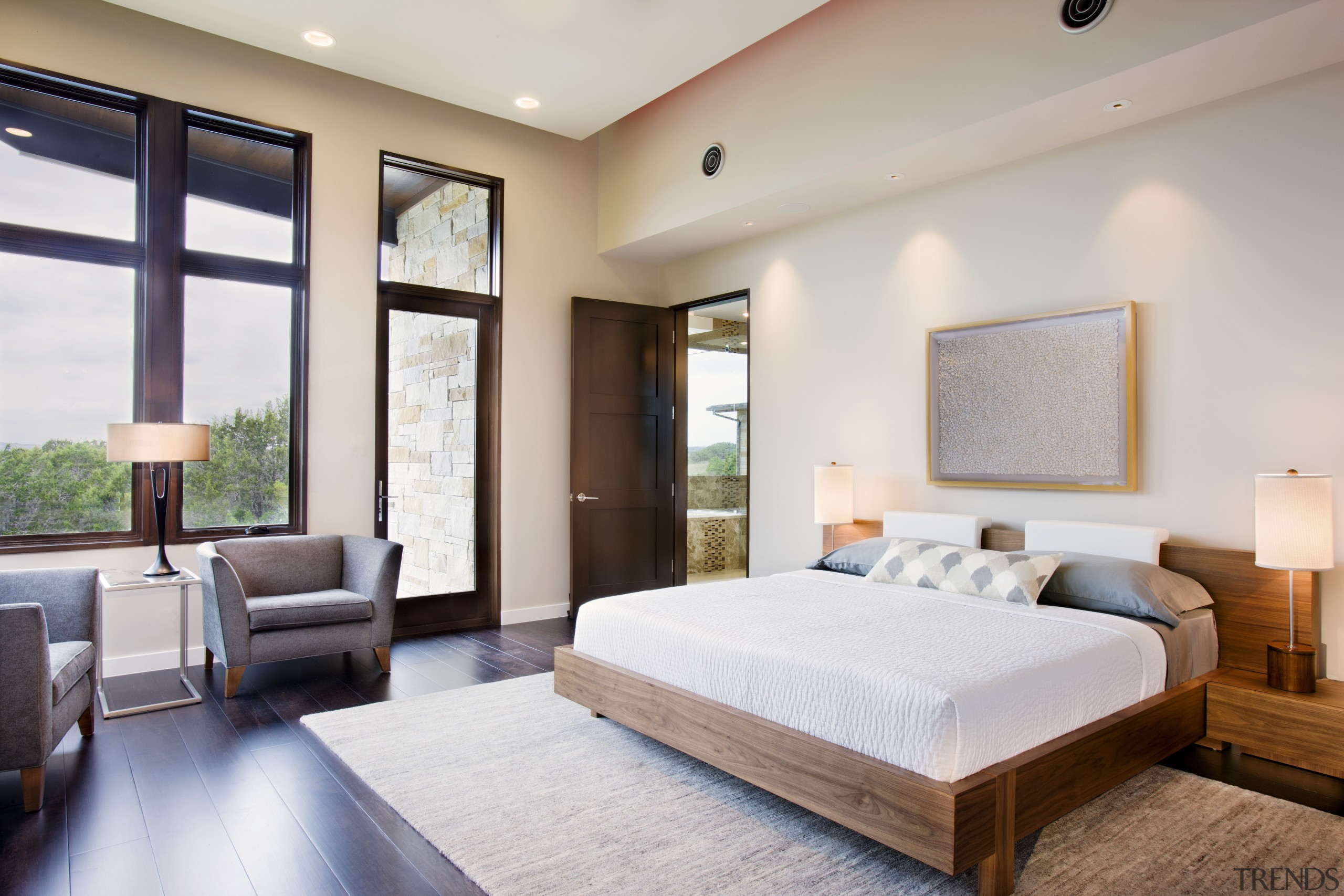 A modern walnut bed reinforces the clean lines bed frame, bedroom, ceiling, interior design, real estate, room, suite, gray