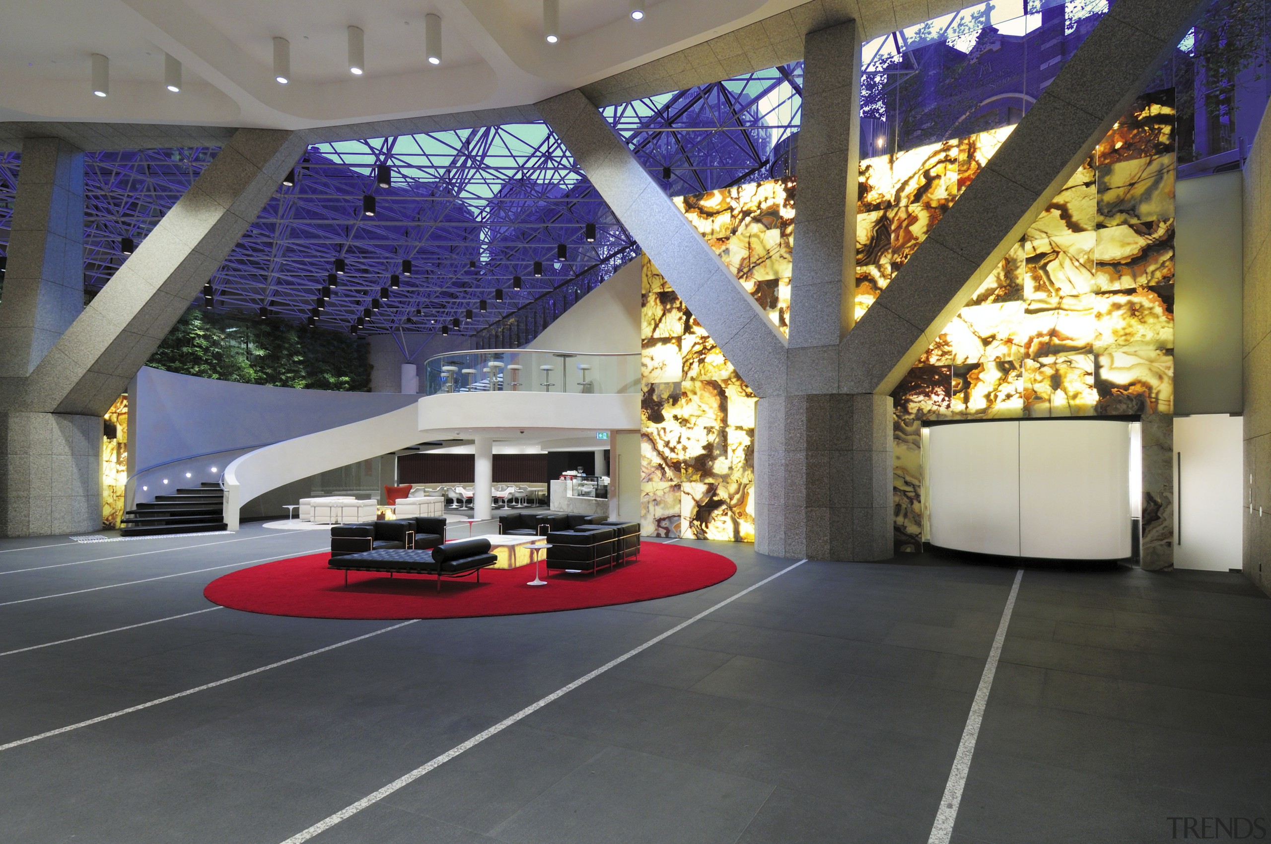 Interior view of the Lucient Apartments which features architecture, interior design, lobby, gray, black