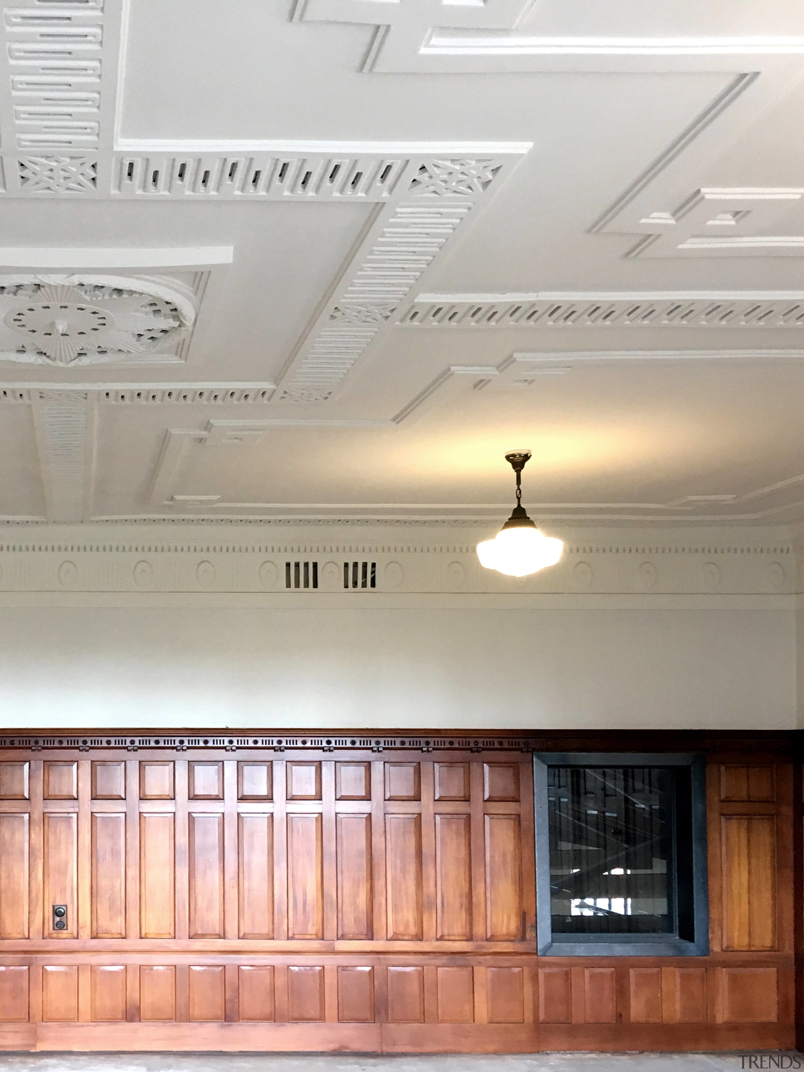 This internal window in the Orange Halls upstairs ceiling, daylighting, floor, interior design, light fixture, lighting, molding, plaster, wall, gray