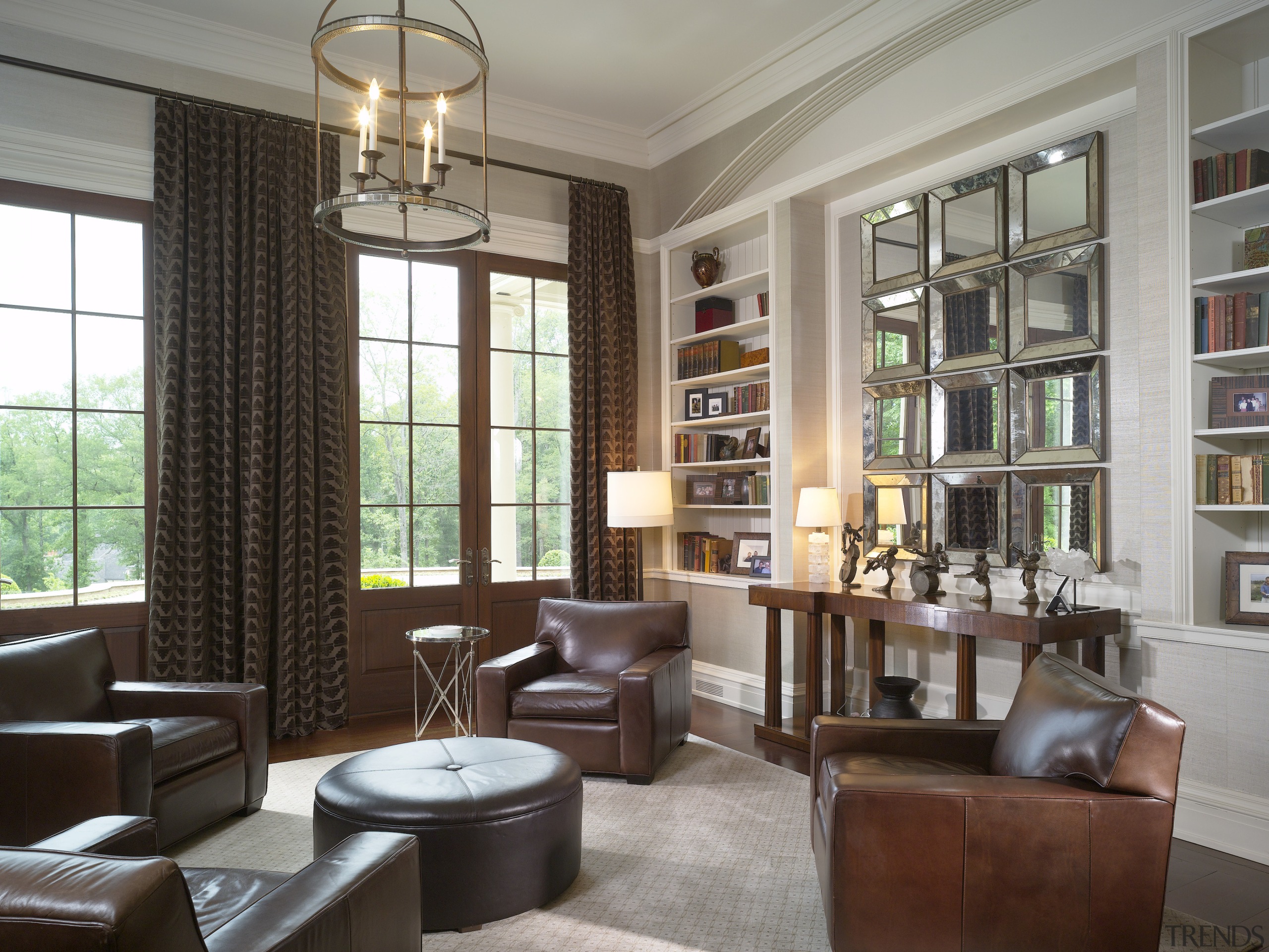 View of a living area in this Regency-styled ceiling, furniture, interior design, living room, lobby, real estate, shelving, window, gray, brown
