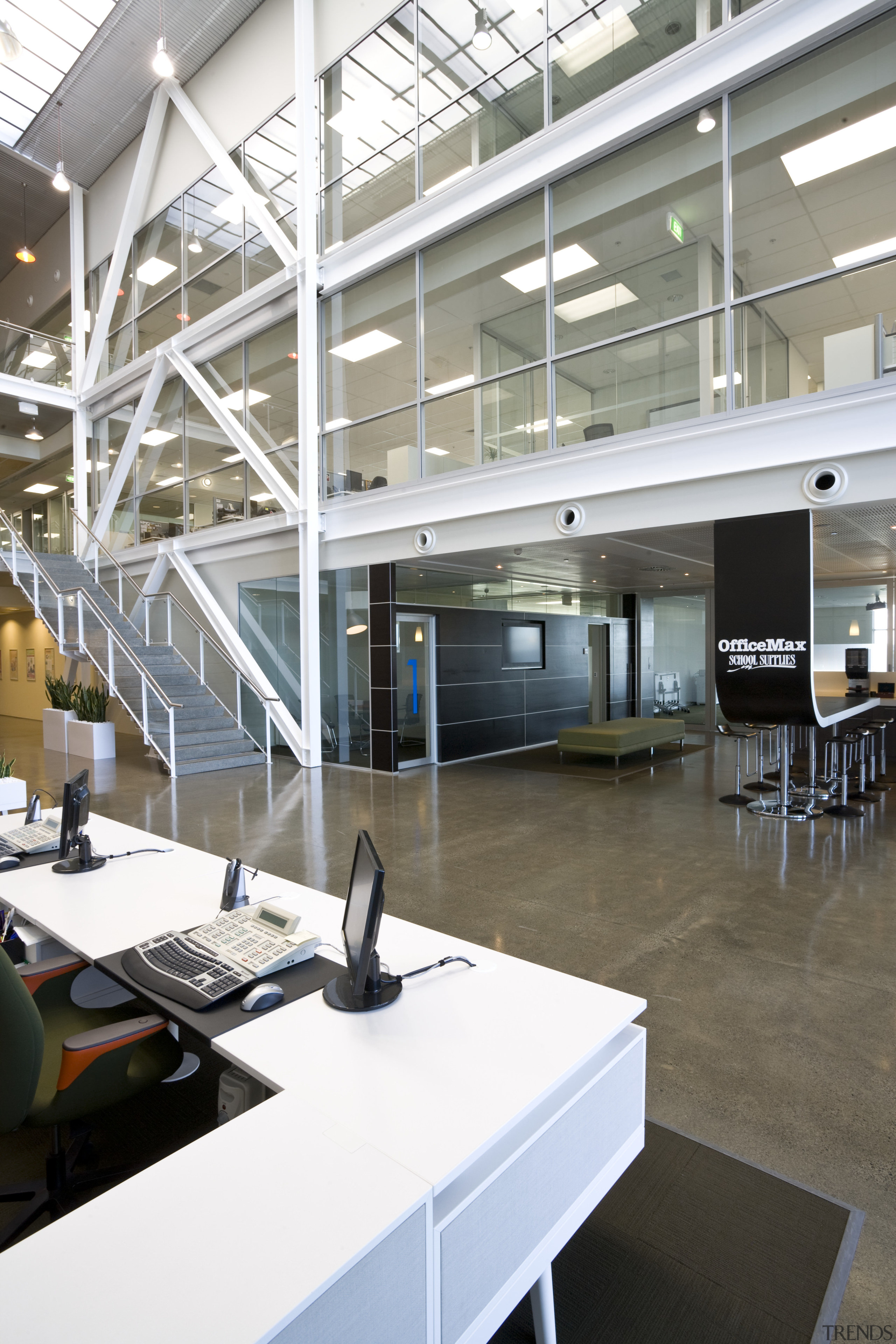 Images of the interior of the Office Max architecture, daylighting, institution, interior design, office, white, gray