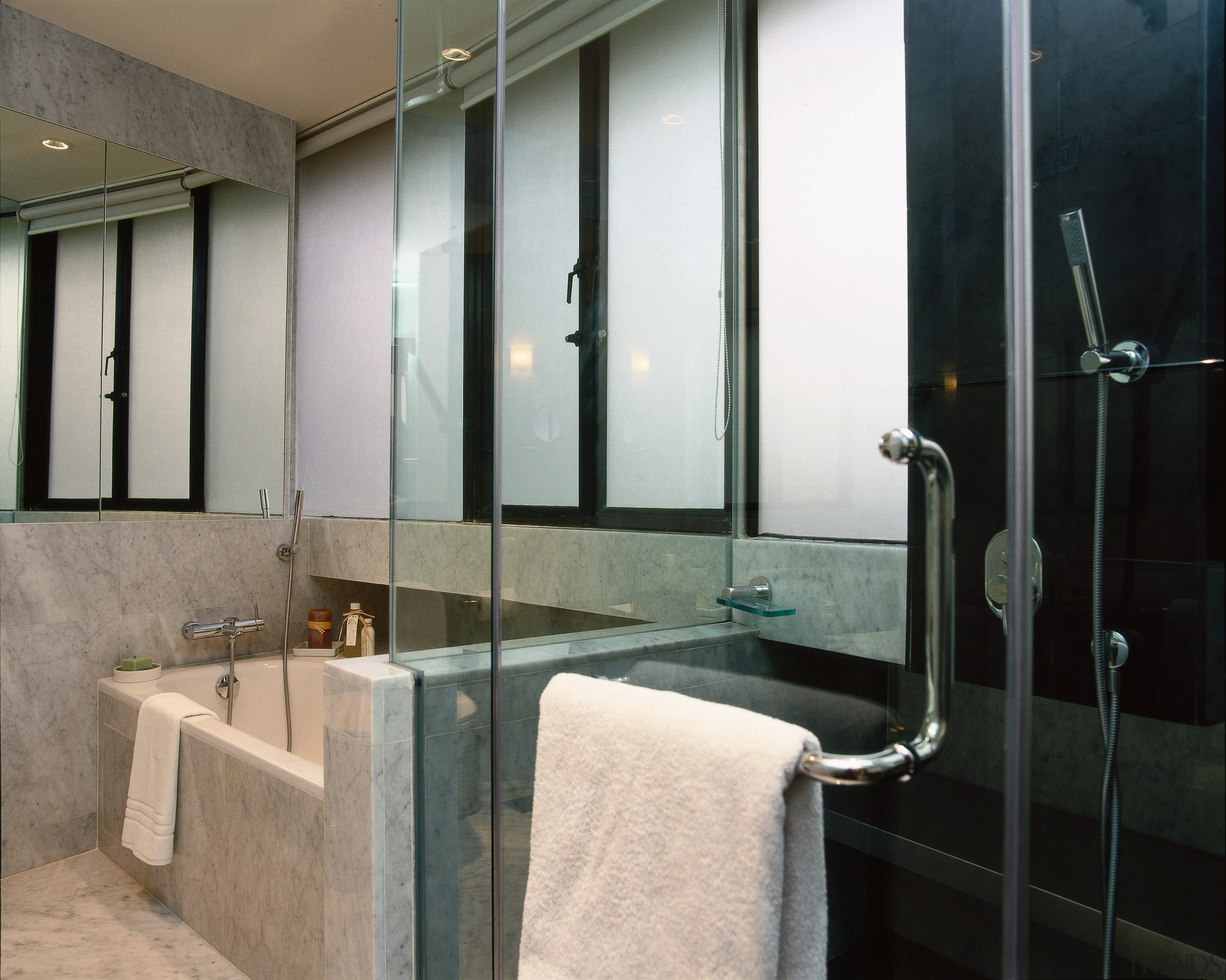 The view of a bathroom - The view bathroom, glass, interior design, plumbing fixture, room, wall, window, black, gray