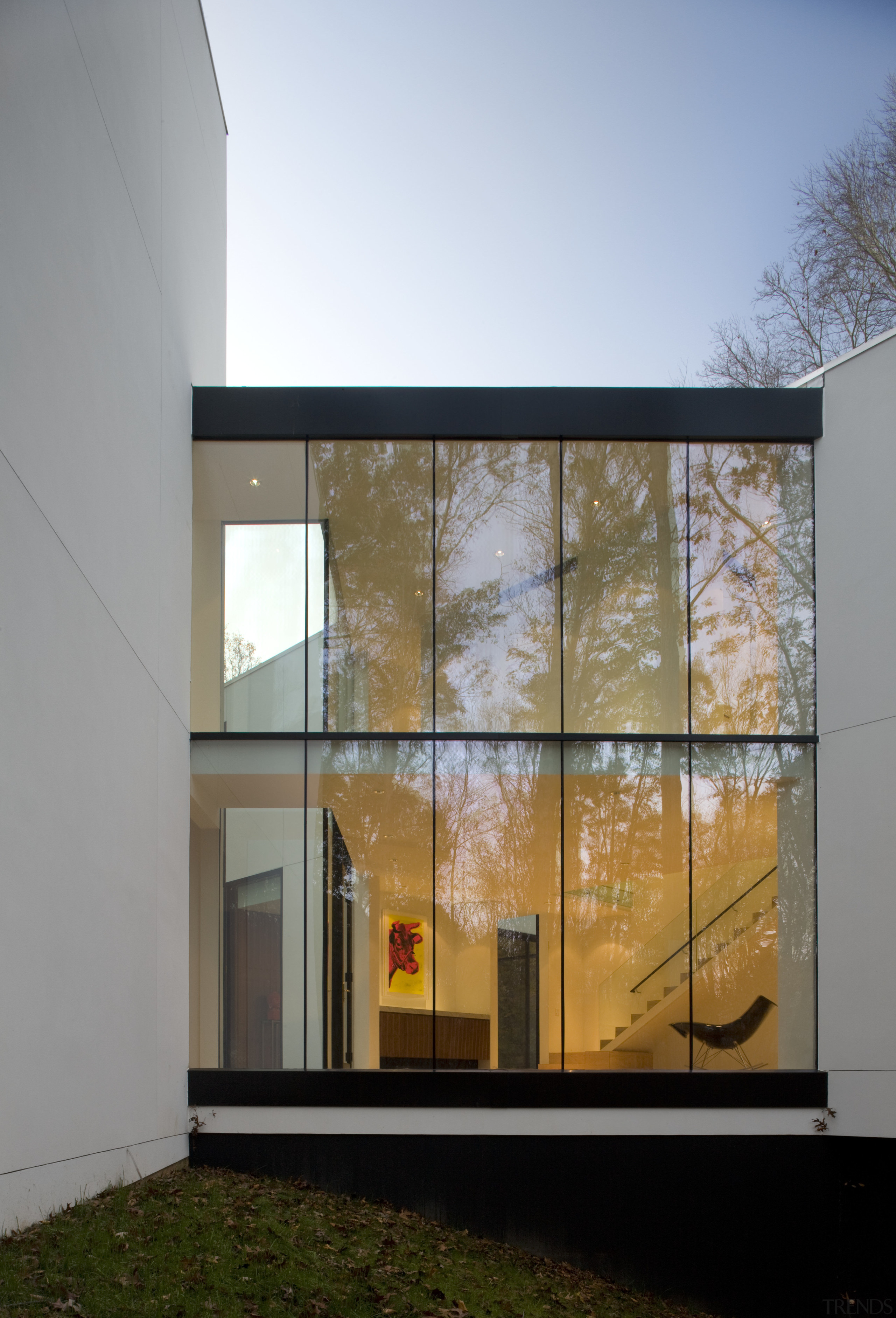 Exterior view of a contemporary house that features architecture, building, daylighting, facade, glass, home, house, window, gray