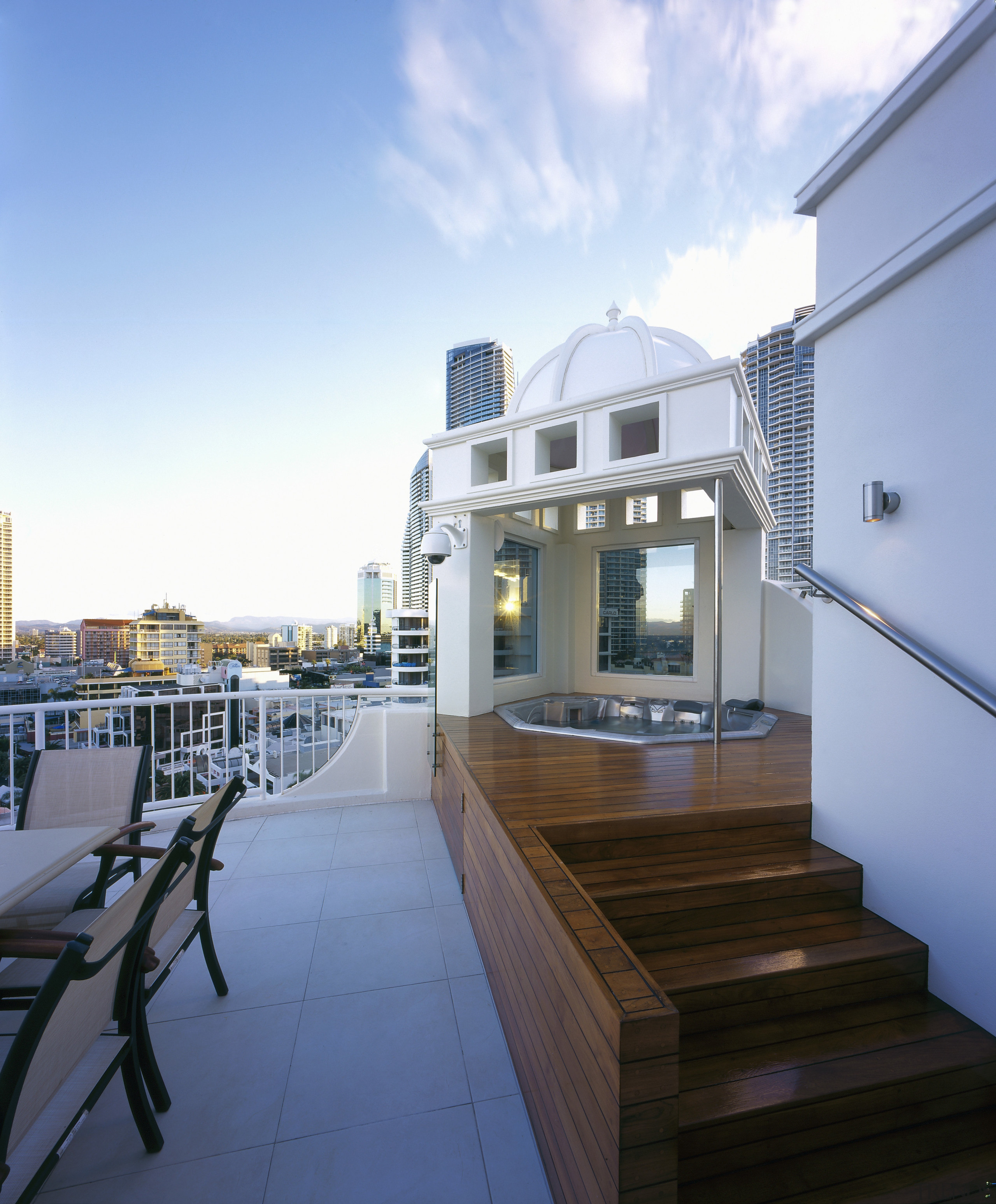 An exterior view of the patio and spa apartment, balcony, house, penthouse apartment, property, real estate, teal