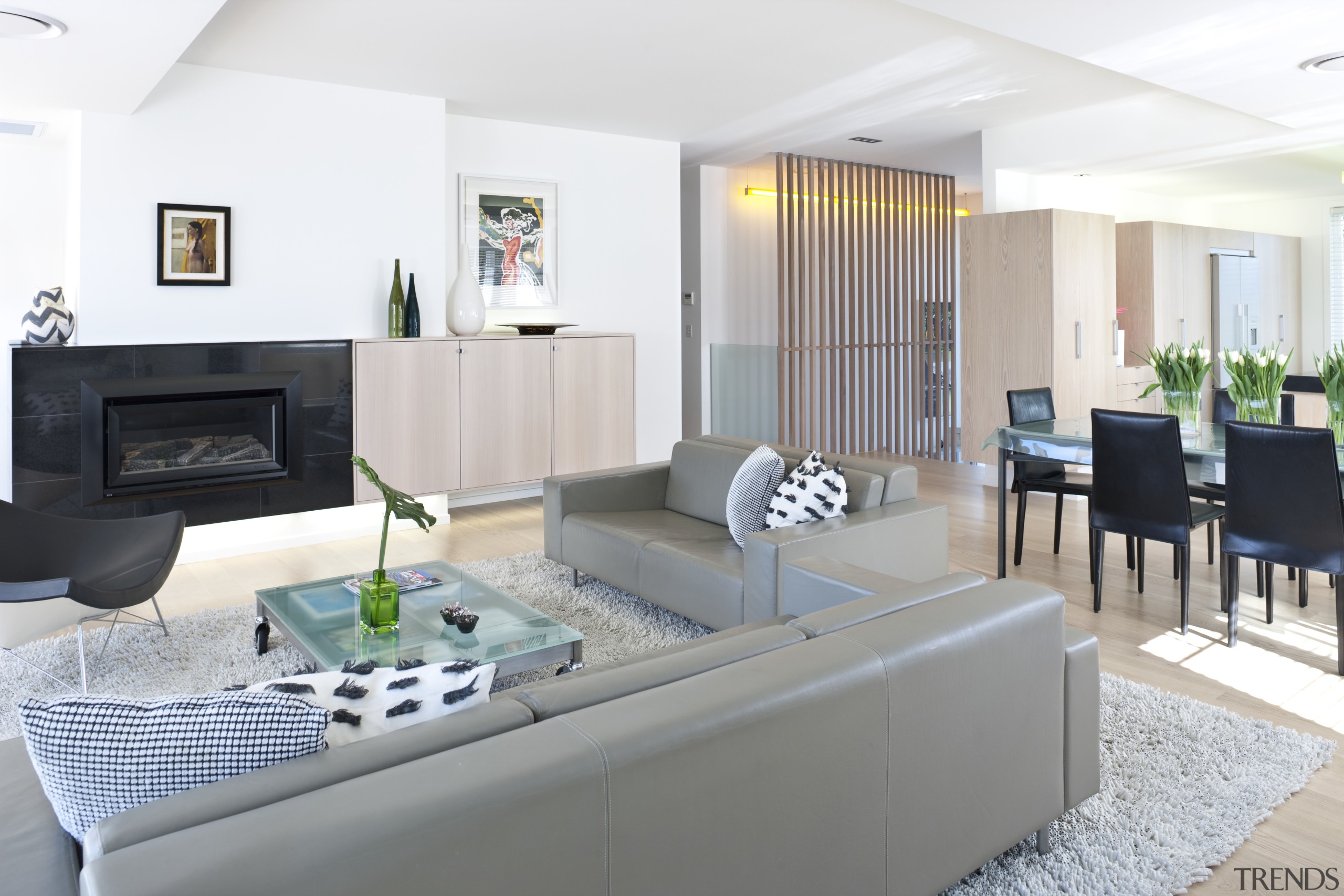 The living area features white oak flooring and interior design, living room, real estate, room, white, gray