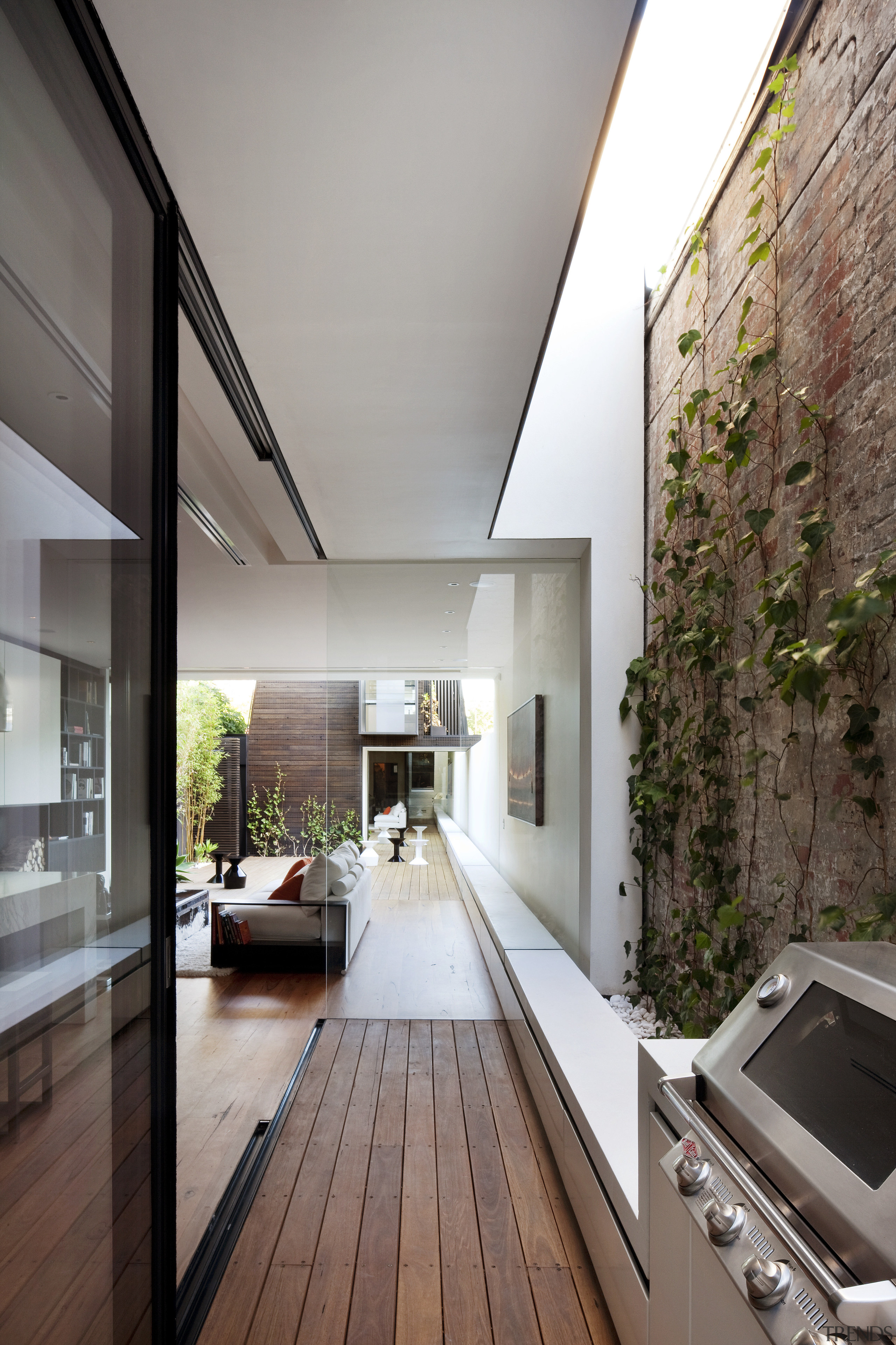 Glazed walls. Wood floors and decking. Island calacatta architecture, ceiling, daylighting, floor, home, house, interior design, living room, real estate, window, gray