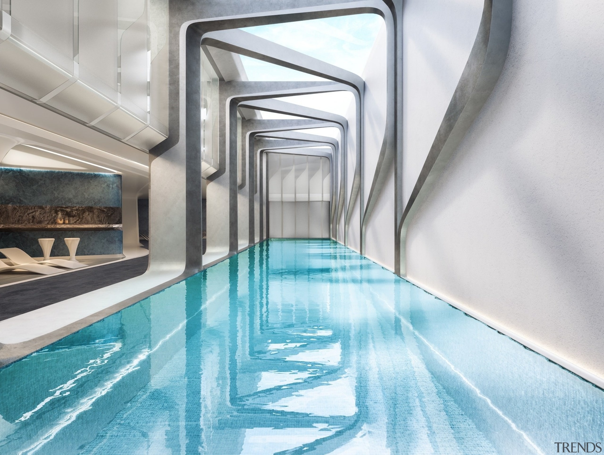 Mayfair Residential Tower – Zaha Hadid Architects architecture, daylighting, floor, property, real estate, swimming pool, white, gray