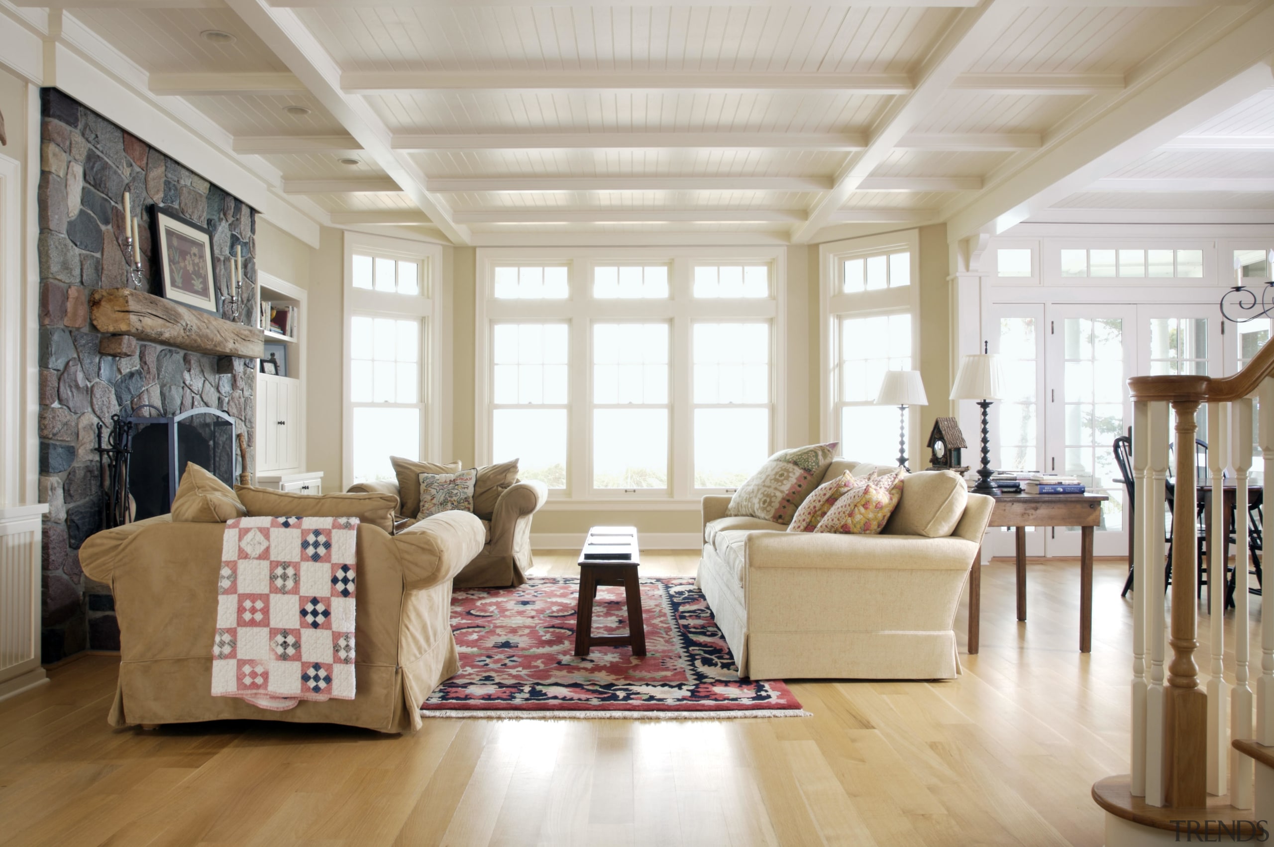 View of a house designed by Burns + ceiling, floor, flooring, furniture, hardwood, home, interior design, living room, room, window, wood, gray