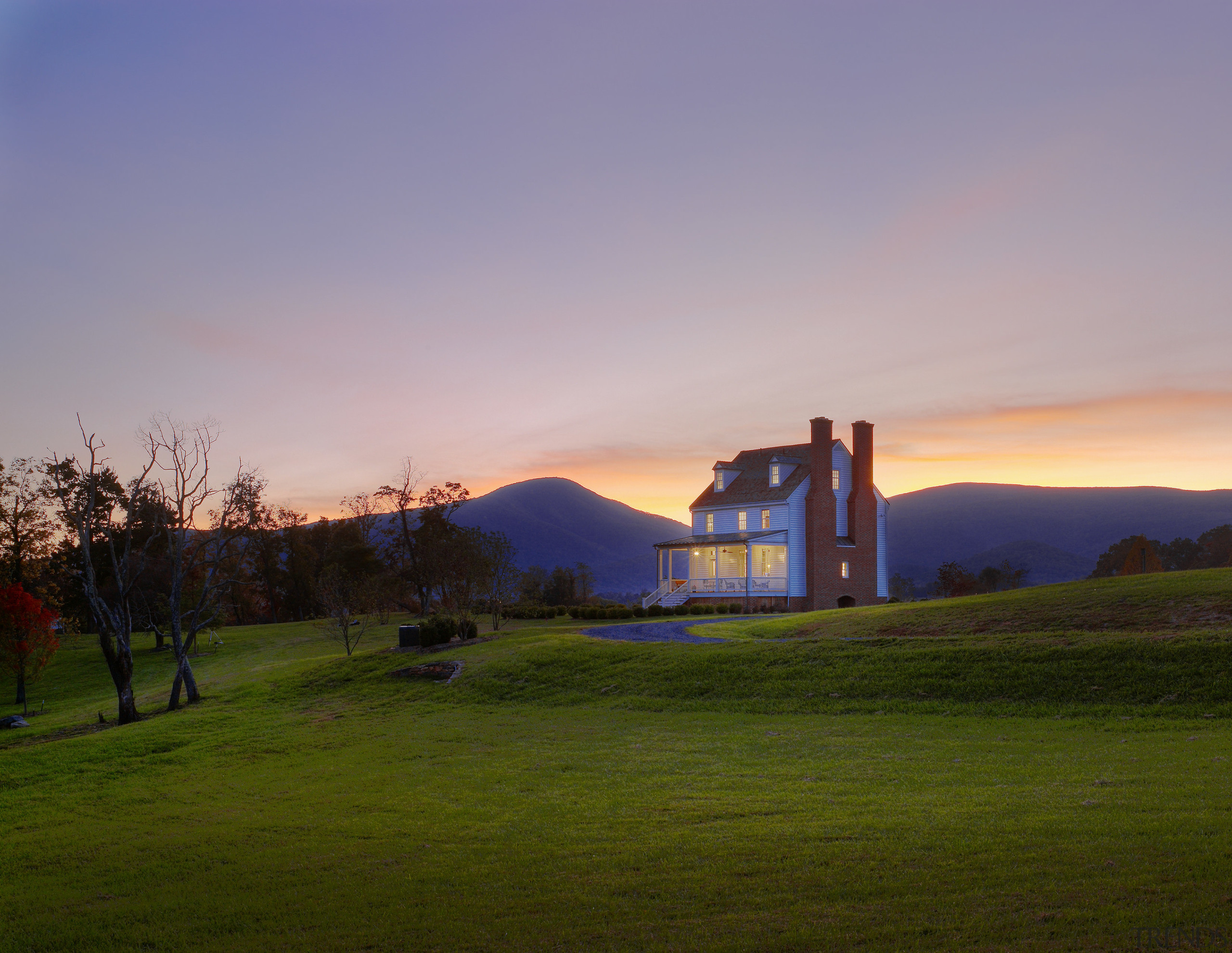 This home was built by Tom Glass of atmosphere, cloud, dawn, dusk, estate, evening, farm, field, grass, grassland, highland, hill, home, horizon, house, landscape, loch, meadow, morning, nature, plant, real estate, rural area, sky, sunlight, sunrise, sunset, tree, brown