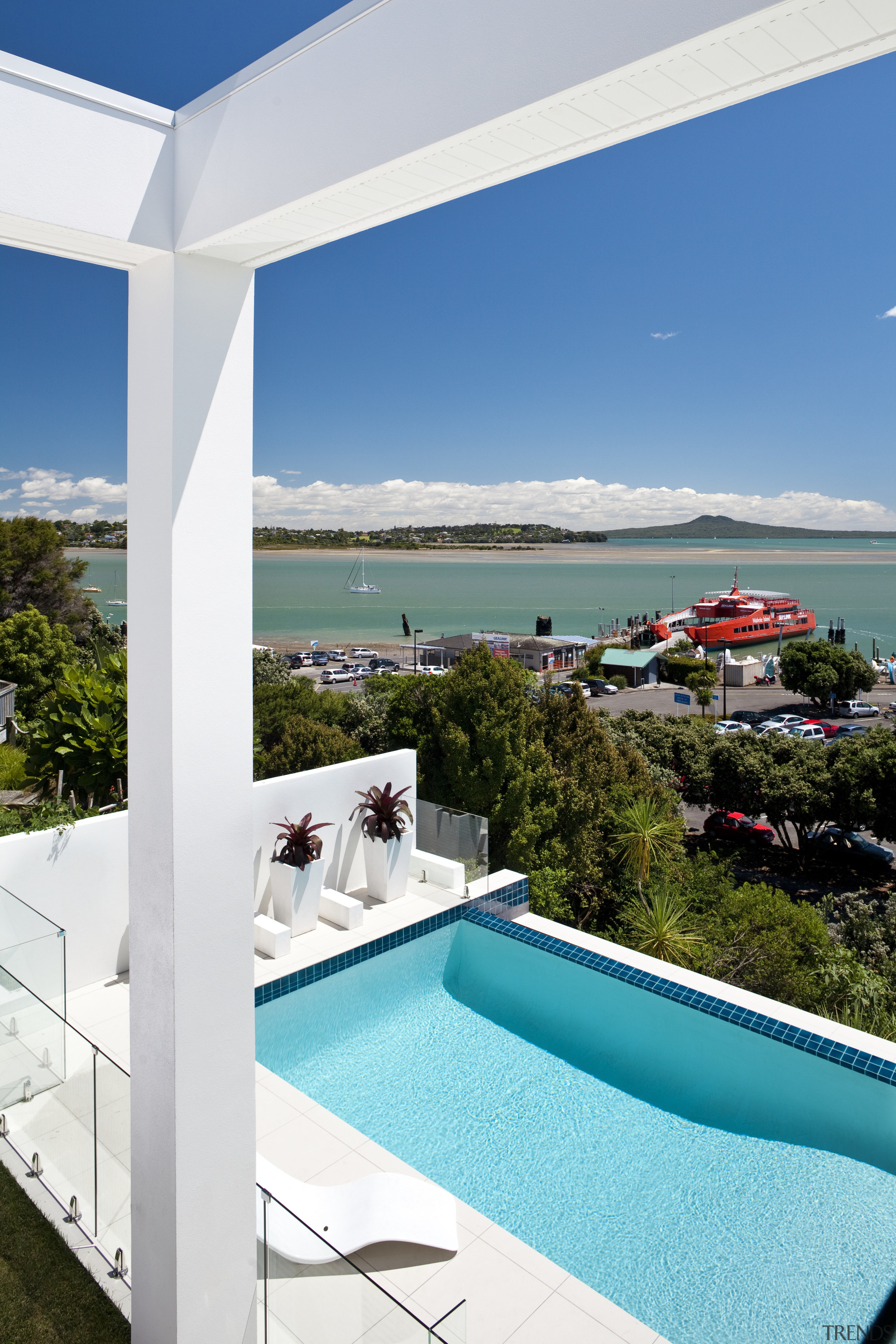 View of pool with scenic lookout at the estate, home, house, property, real estate, resort, sky, swimming pool, vacation, villa, white, teal