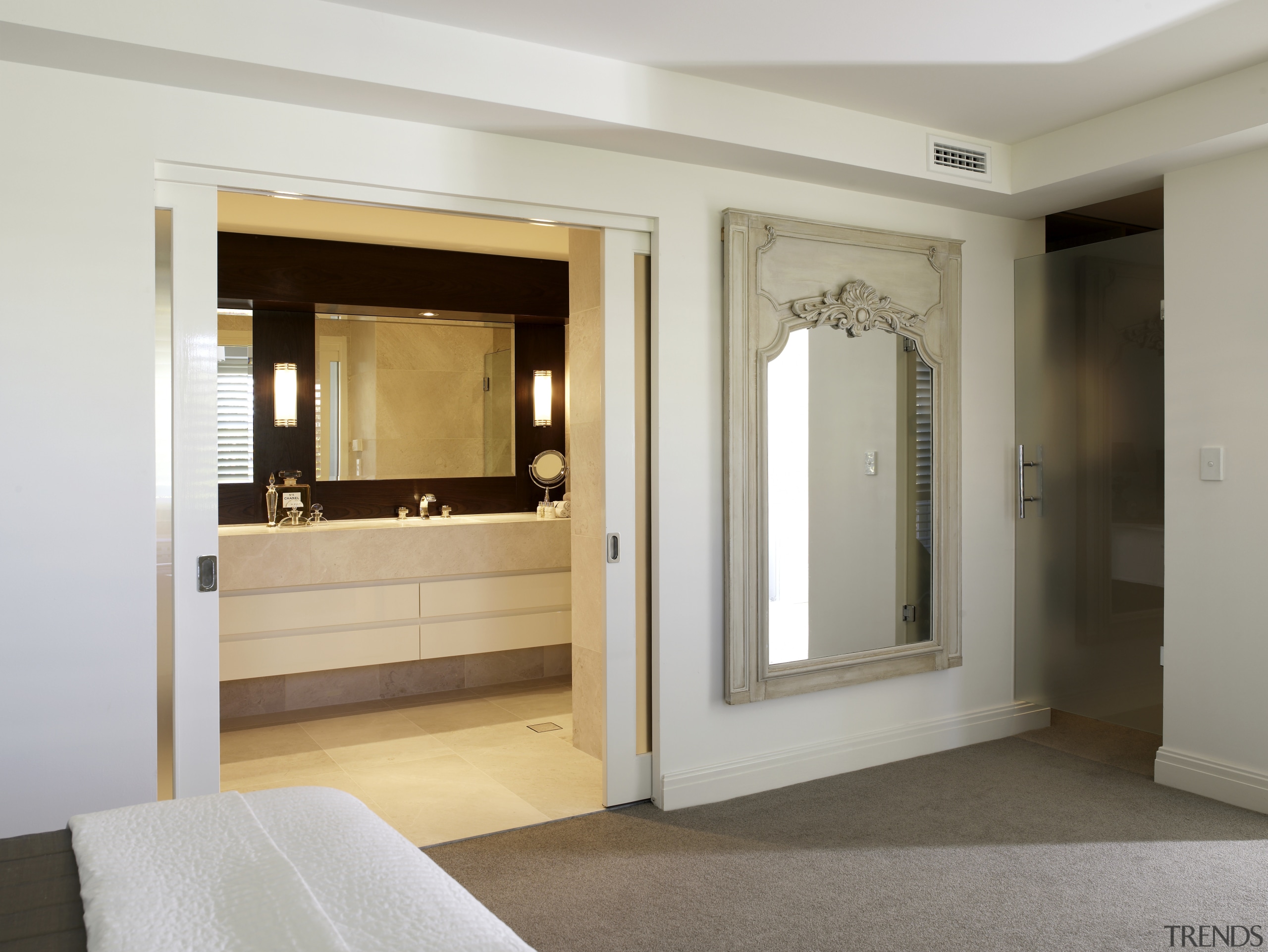 Image of the master ensuite which features marble ceiling, door, floor, flooring, interior design, real estate, room, wall, window, gray