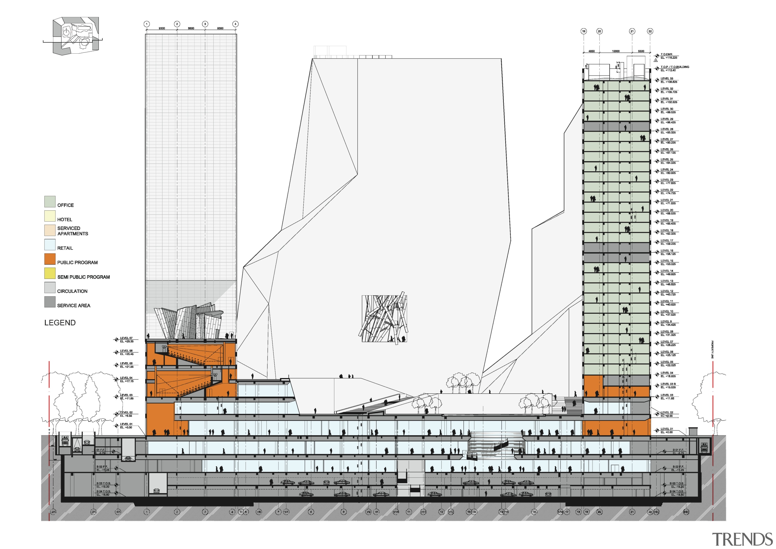 Raffles City Chengdu by Steven Holl Architects - architecture, area, design, diagram, elevation, line, plan, product design, structure, white