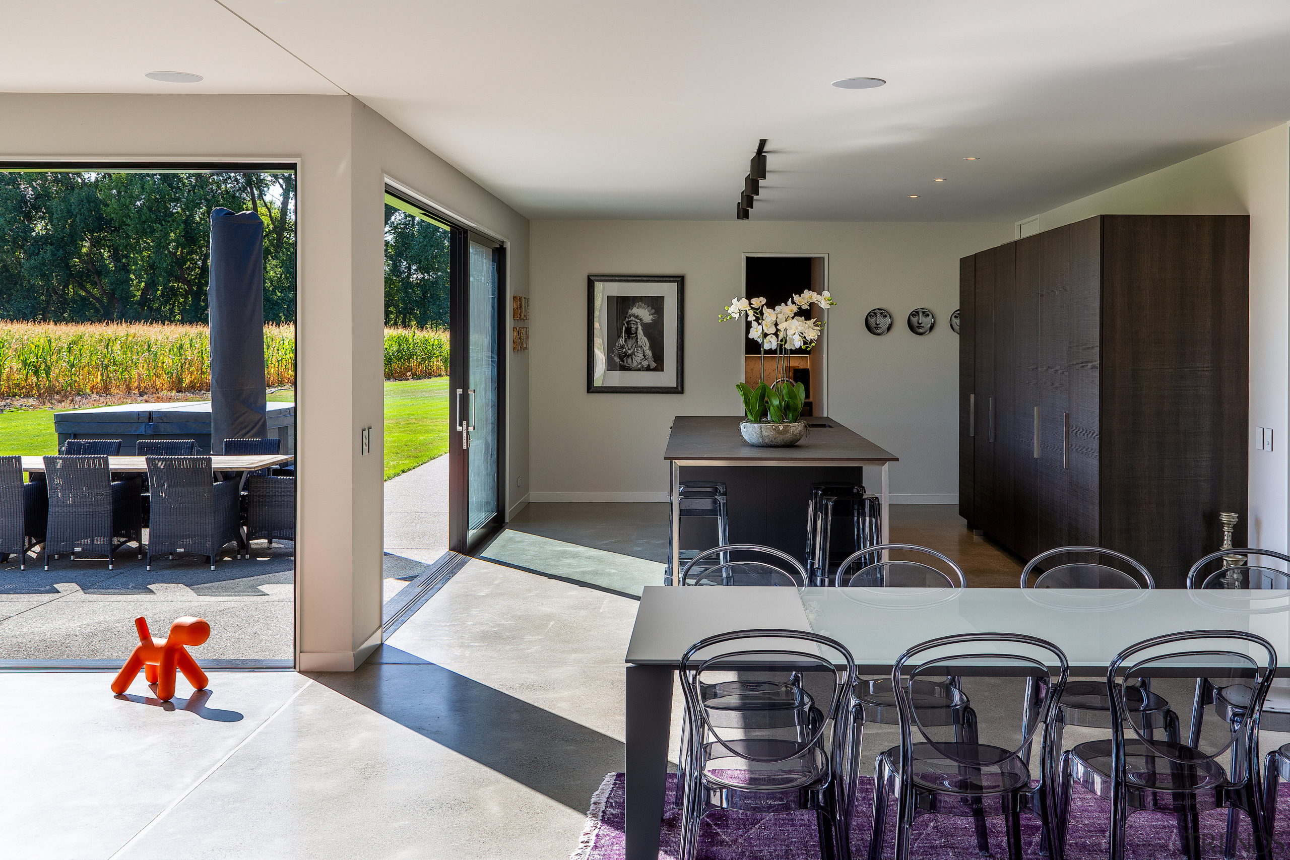 The kitchen and dining area are bathed in 
