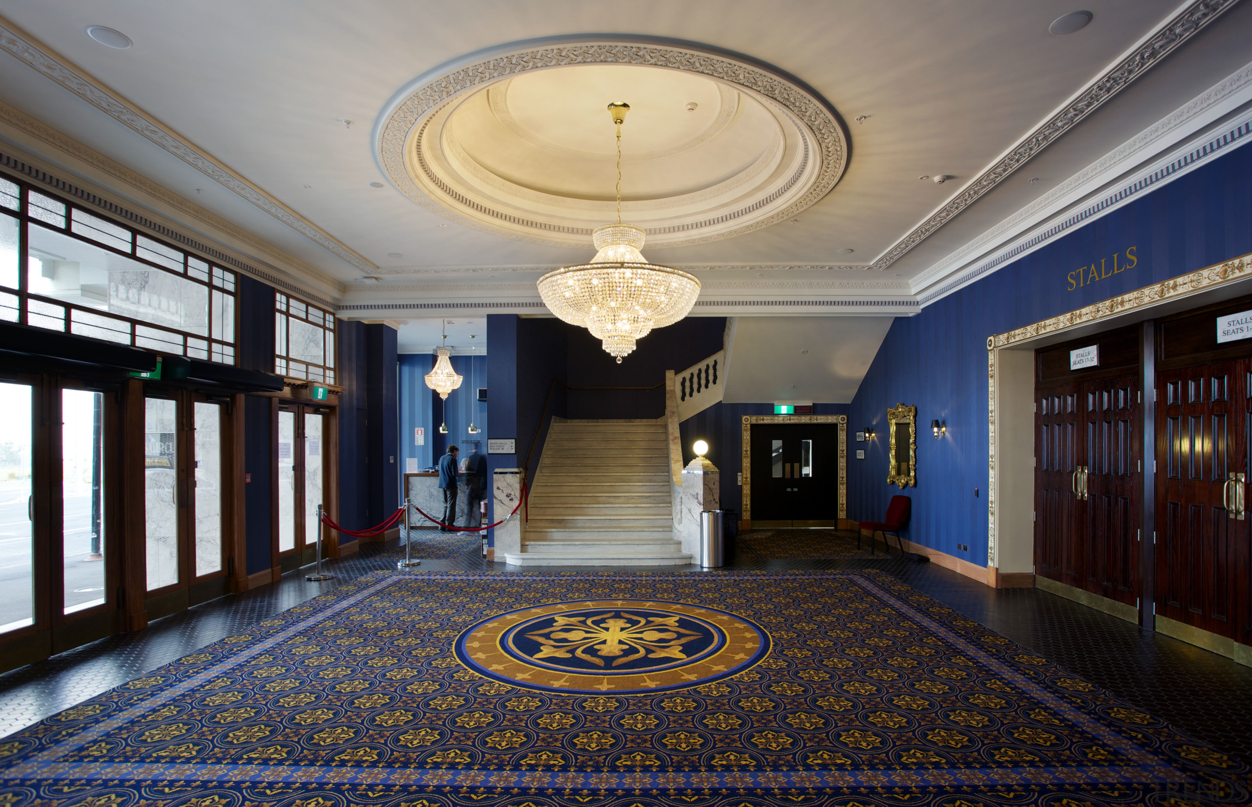 The chandlier in the restored Isaac Theatre Royal ceiling, estate, flooring, interior design, lobby, real estate, gray