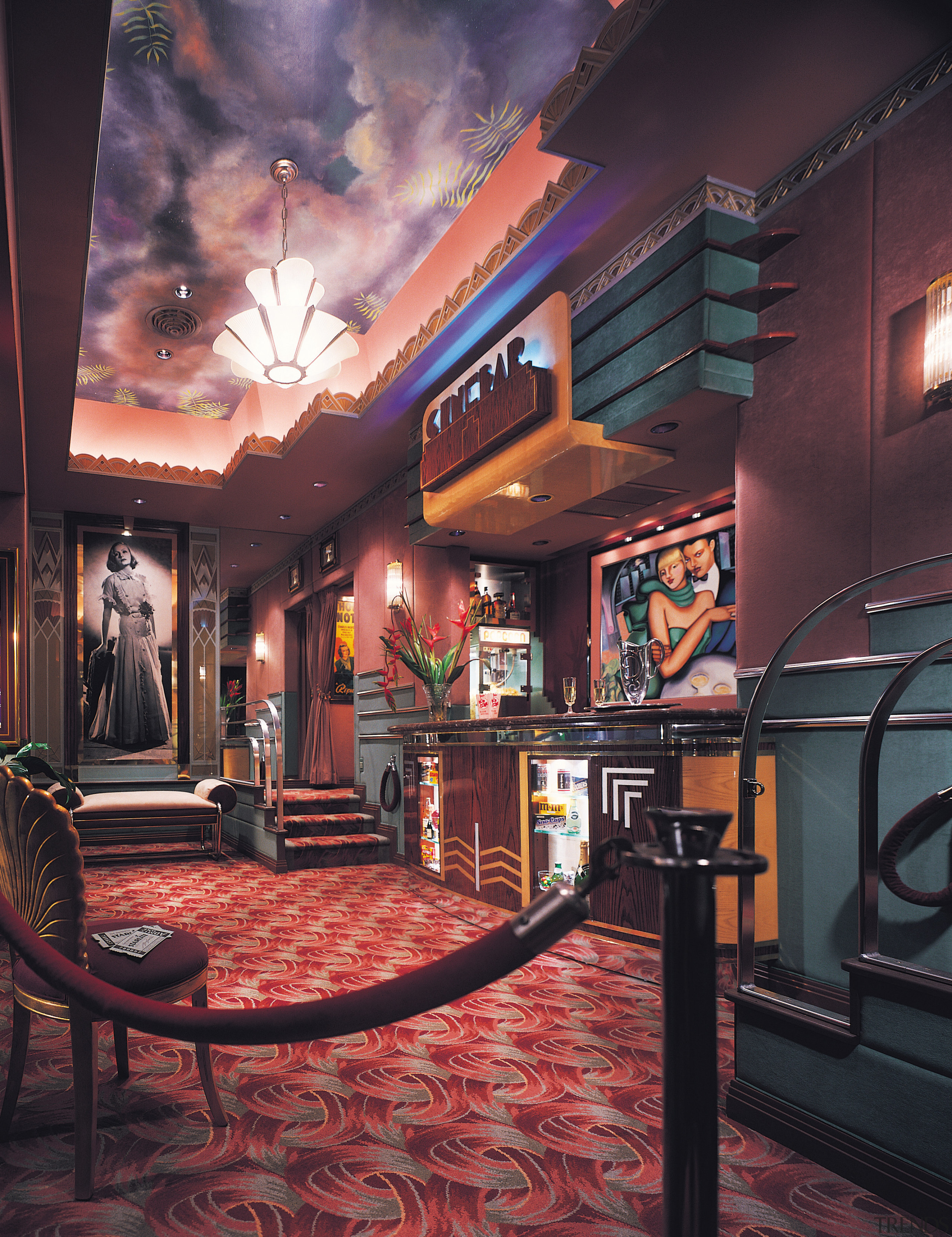 view of the themed cinema hallway recreated by interior design, lobby, red, black