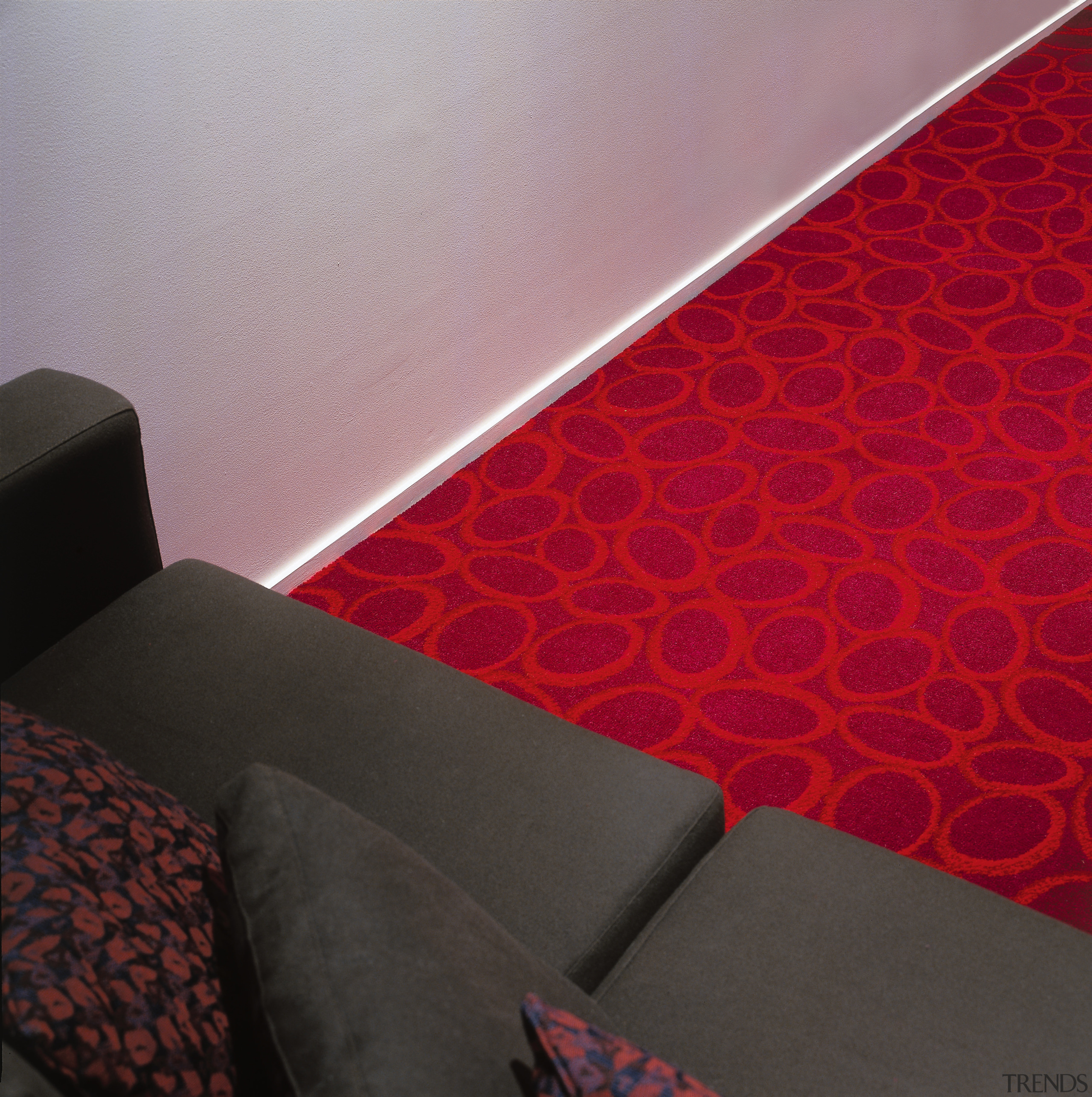 view of the maroon oxygen carpet from feltex angle, floor, flooring, interior design, light, red, wall, wood, red, black, gray