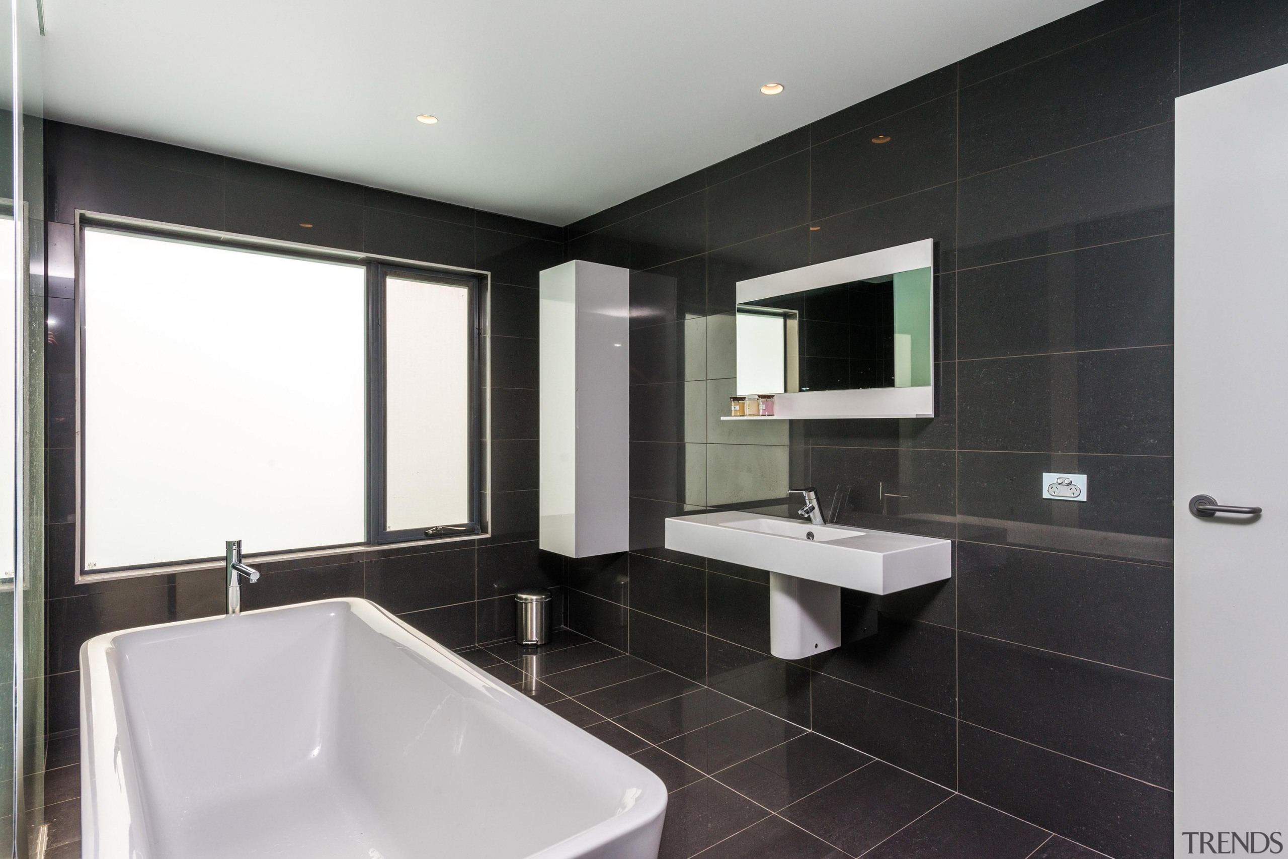 Winner Bathroom of the Year 2013 Tasmania - architecture, bathroom, floor, interior design, property, real estate, room, sink, tile, black, gray, white