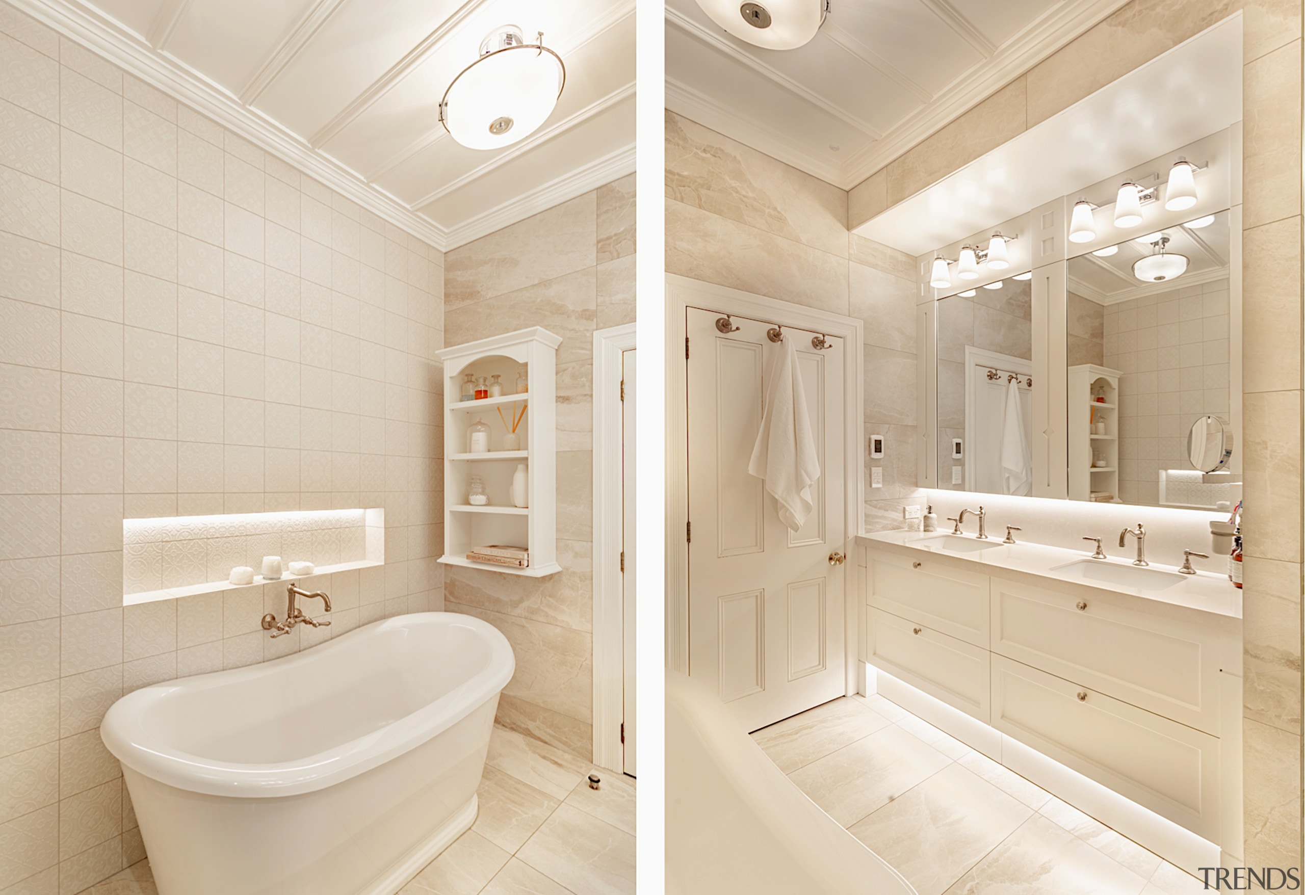 The spacious bathroom has a glamorous, classic-look presence. 