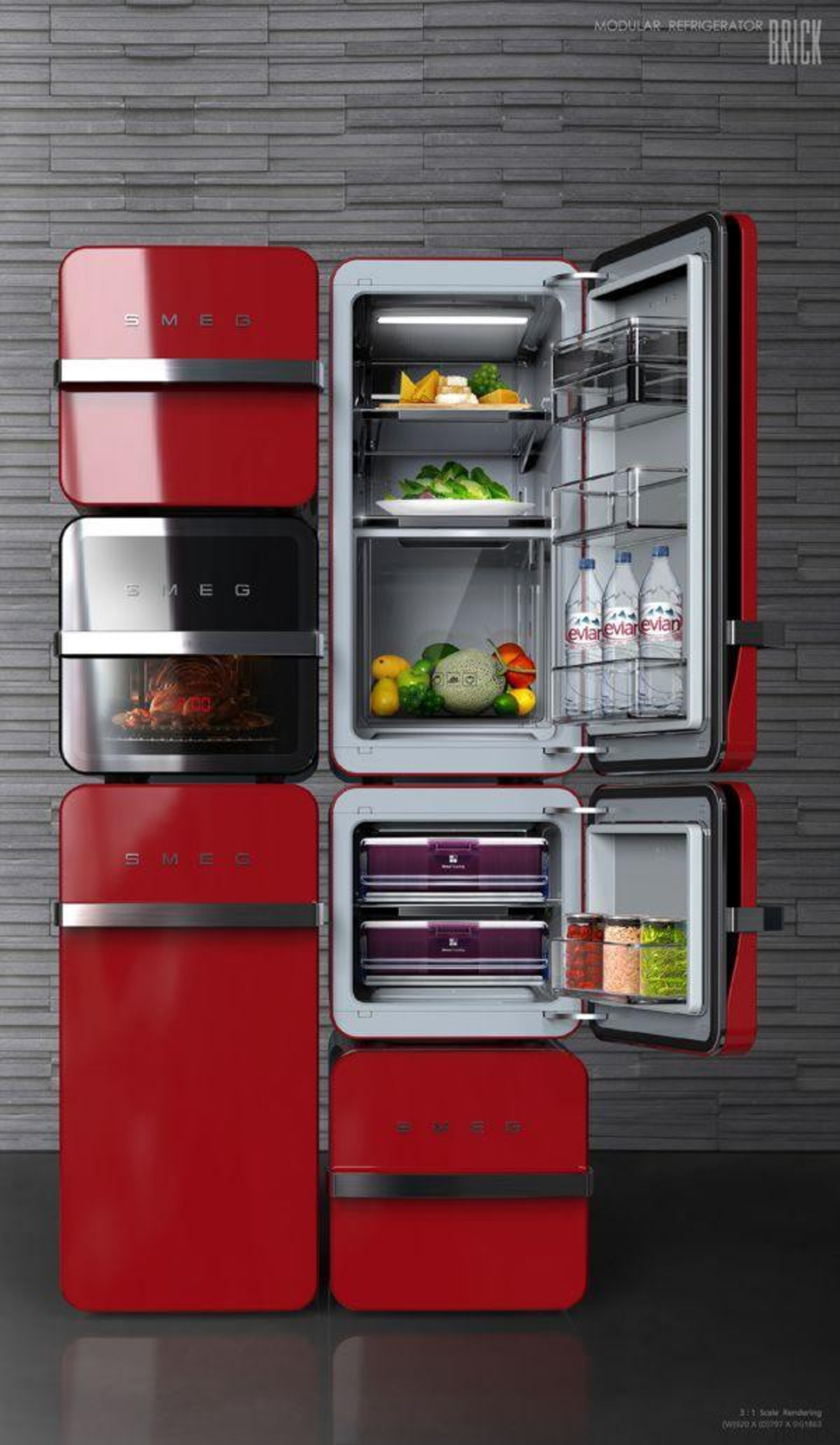 Red Smeg Fridge - Red Smeg - home home appliance, kitchen appliance, major appliance, product, product design, refrigerator, shelf, shelving, black, gray