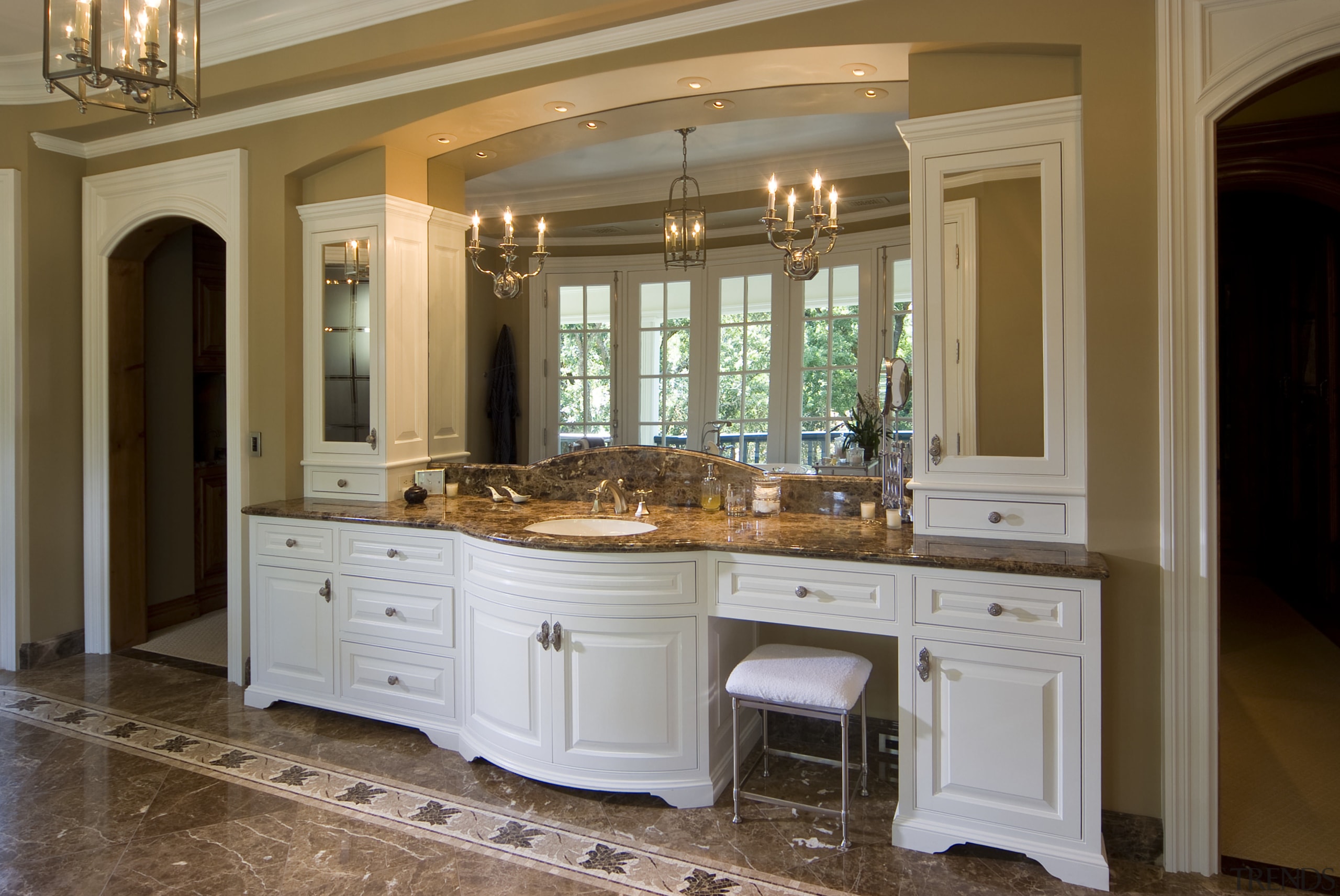 This is a master suite designed by Chuck cabinetry, countertop, cuisine classique, estate, floor, flooring, furniture, home, interior design, kitchen, room, brown, gray