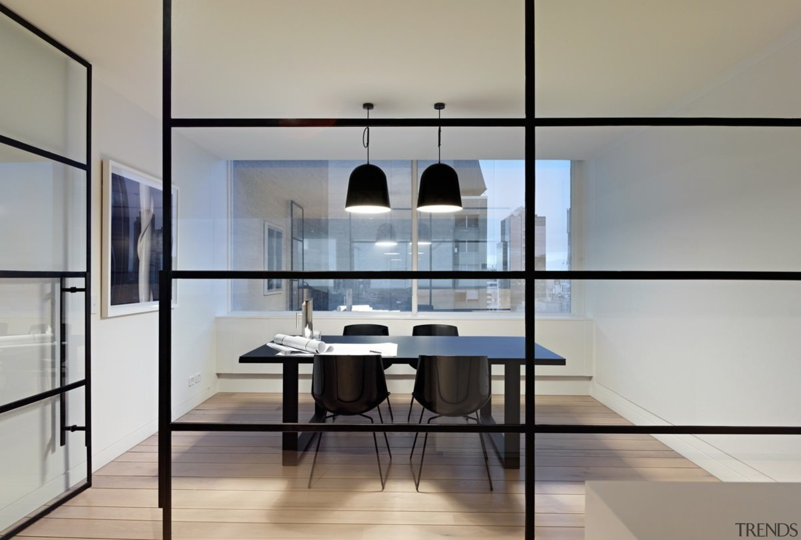 The meeting rooms are open and inviting - architecture, floor, furniture, interior design, product design, table, gray