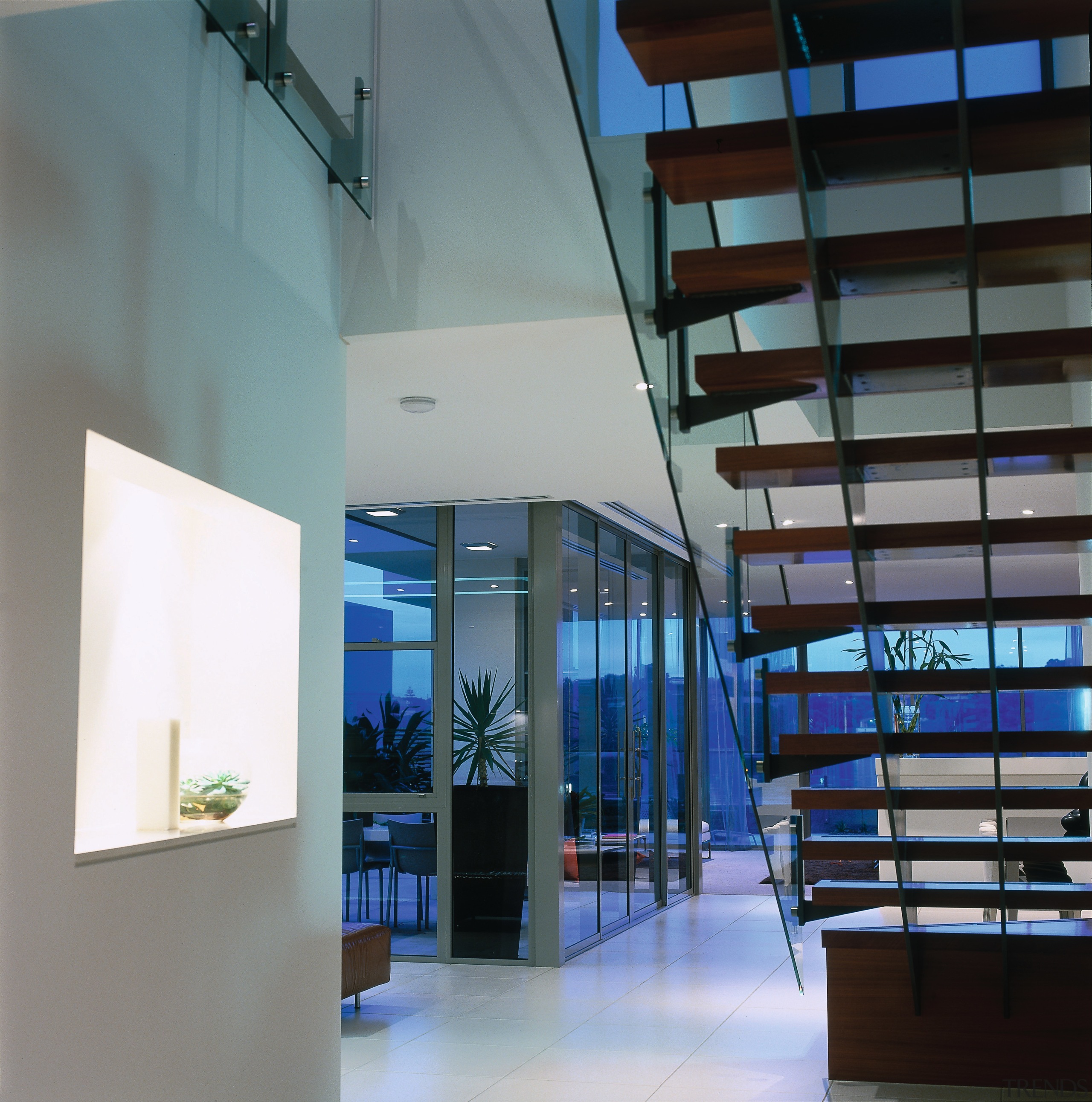 View of the stairway - View of the architecture, building, ceiling, daylighting, glass, interior design, window, gray