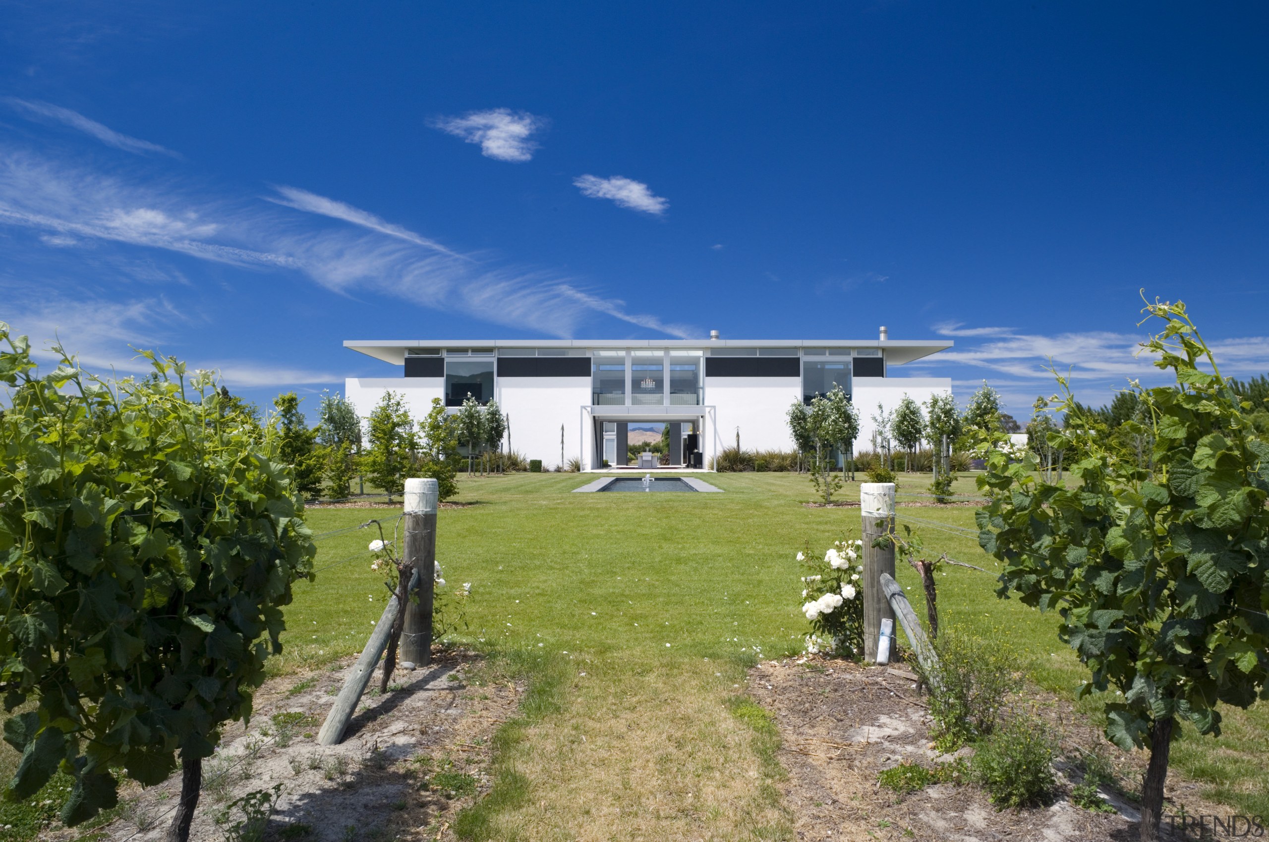 An exterior view of the entire home, vineyard. cloud, cottage, estate, facade, farmhouse, home, house, land lot, plantation, property, real estate, residential area, sky, tree, villa, blue