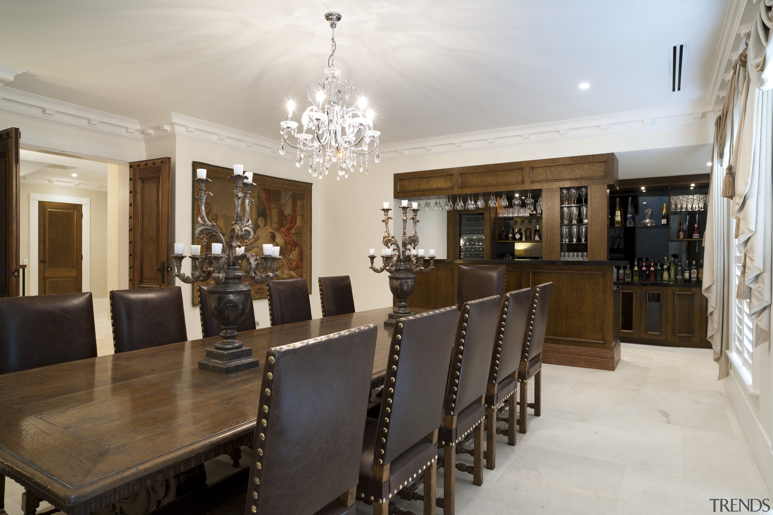 Solid wood furniture and studded leather chairs bring ceiling, dining room, estate, interior design, property, real estate, room, table, gray