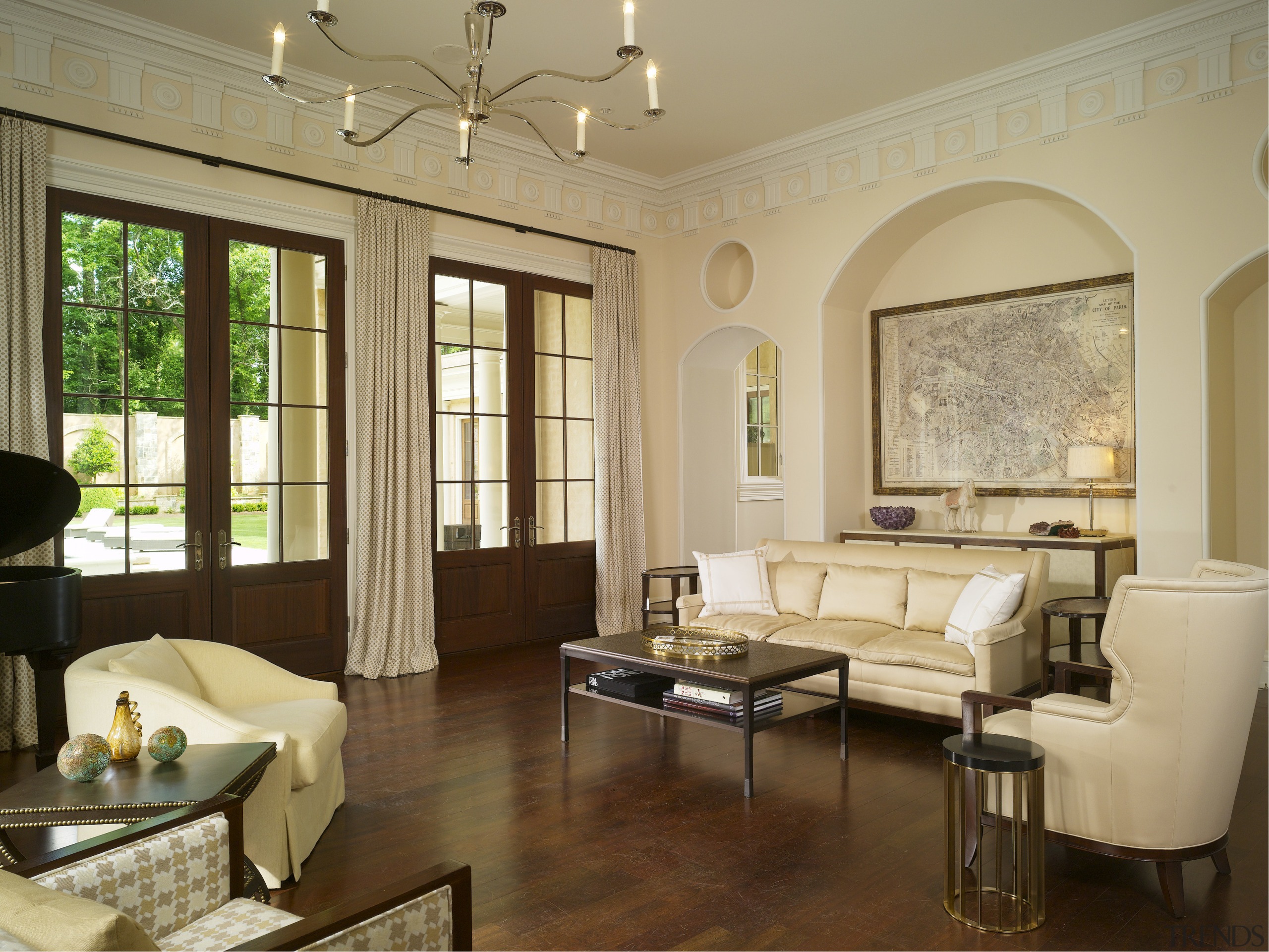 View of a living area in this Regency-styled ceiling, estate, floor, flooring, home, interior design, living room, property, real estate, room, window, wood flooring, orange, brown