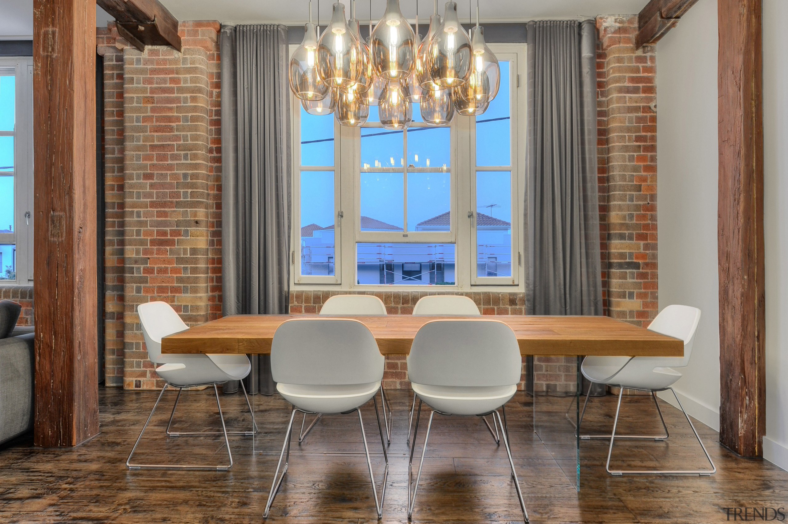 Original timber support beams, exposed brick walls and chair, curtain, dining room, furniture, interior design, room, table, wall, window, window covering, window treatment, wood, gray, brown