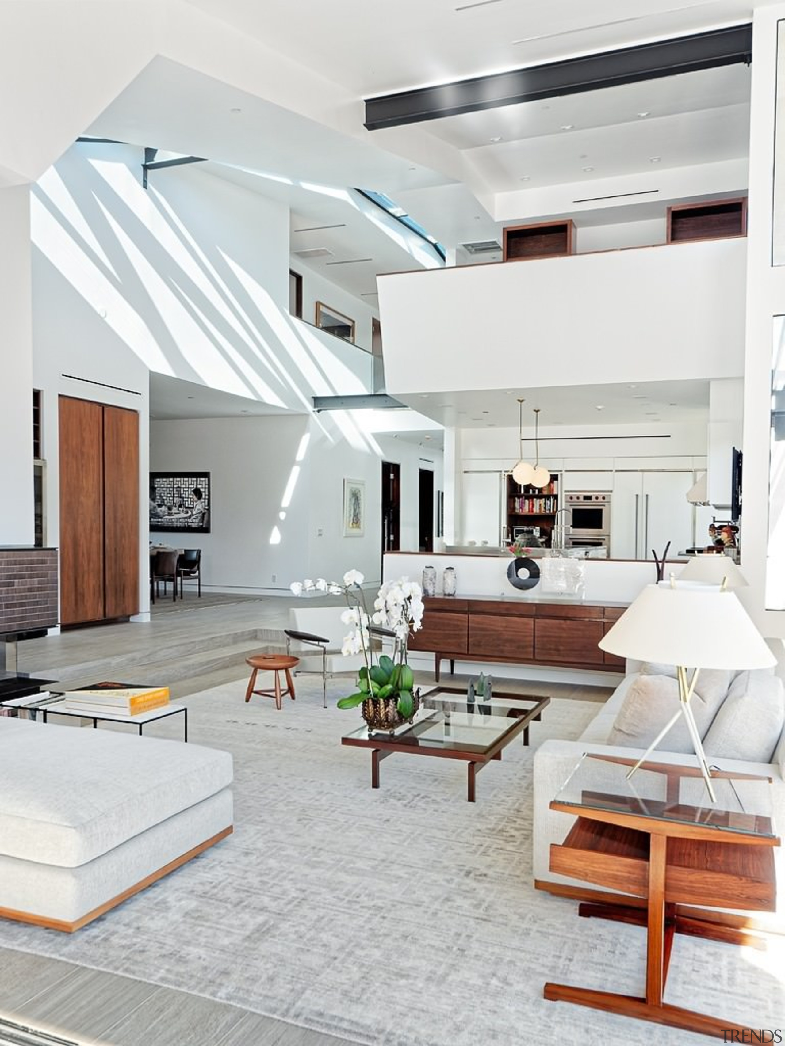 This shot clearly shows the benefit of the ceiling, daylighting, floor, home, interior design, interior designer, living room, loft, room, white, gray