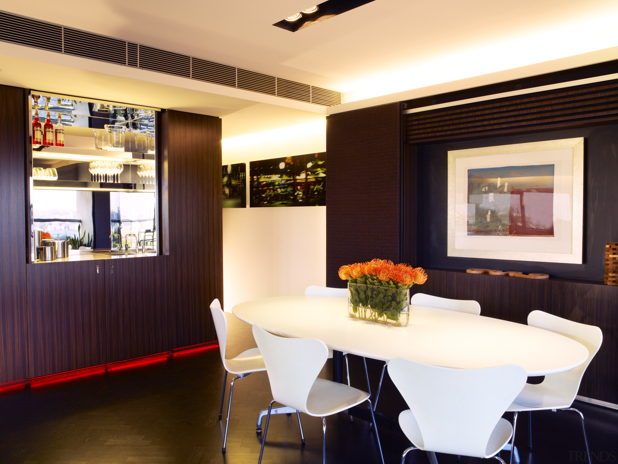 View of remodeled apartment on the 14th floor ceiling, dining room, interior design, real estate, room, red