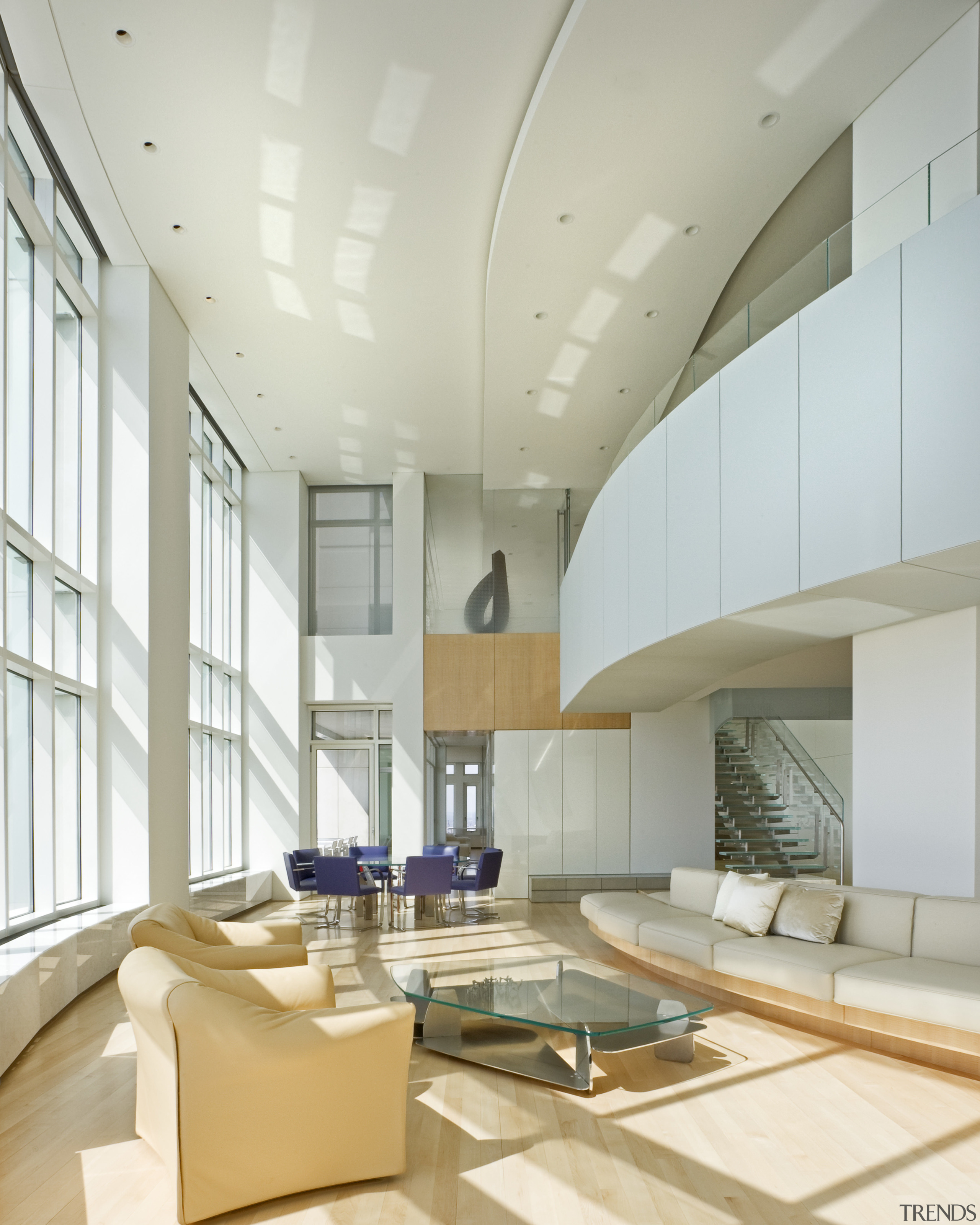 View of penthouse with white walls and a architecture, ceiling, condominium, daylighting, estate, floor, interior design, living room, lobby, real estate, gray, white