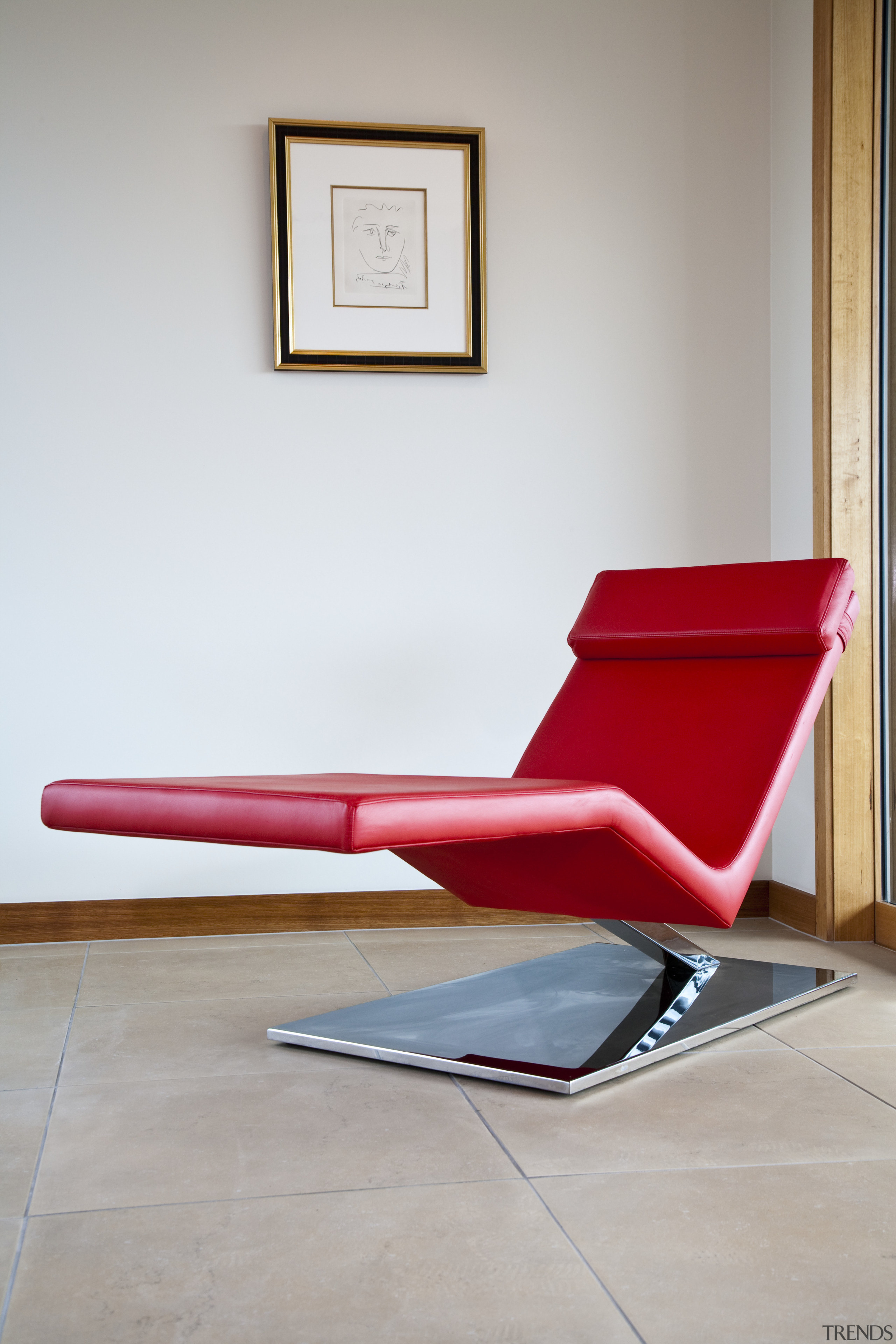 View of living area which features leather lounger chair, chaise longue, couch, floor, furniture, outdoor furniture, product design, gray, white