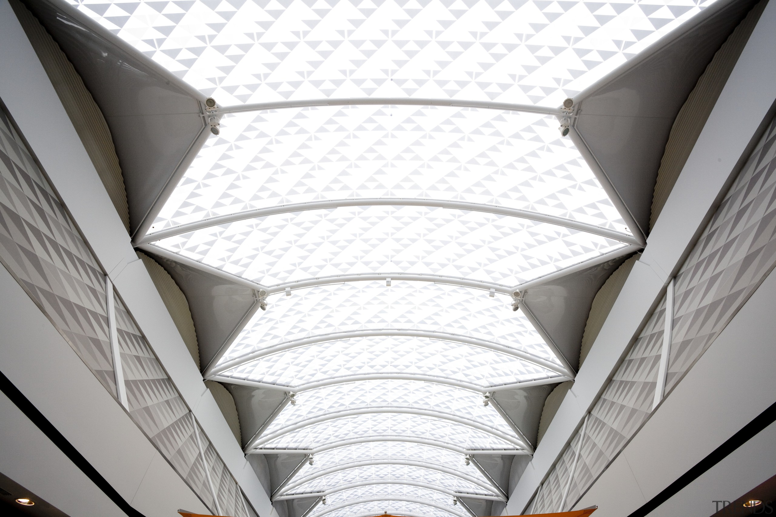 View of ceiling in mall with Fusion air angle, architecture, ceiling, daylighting, line, roof, structure, symmetry, white, gray