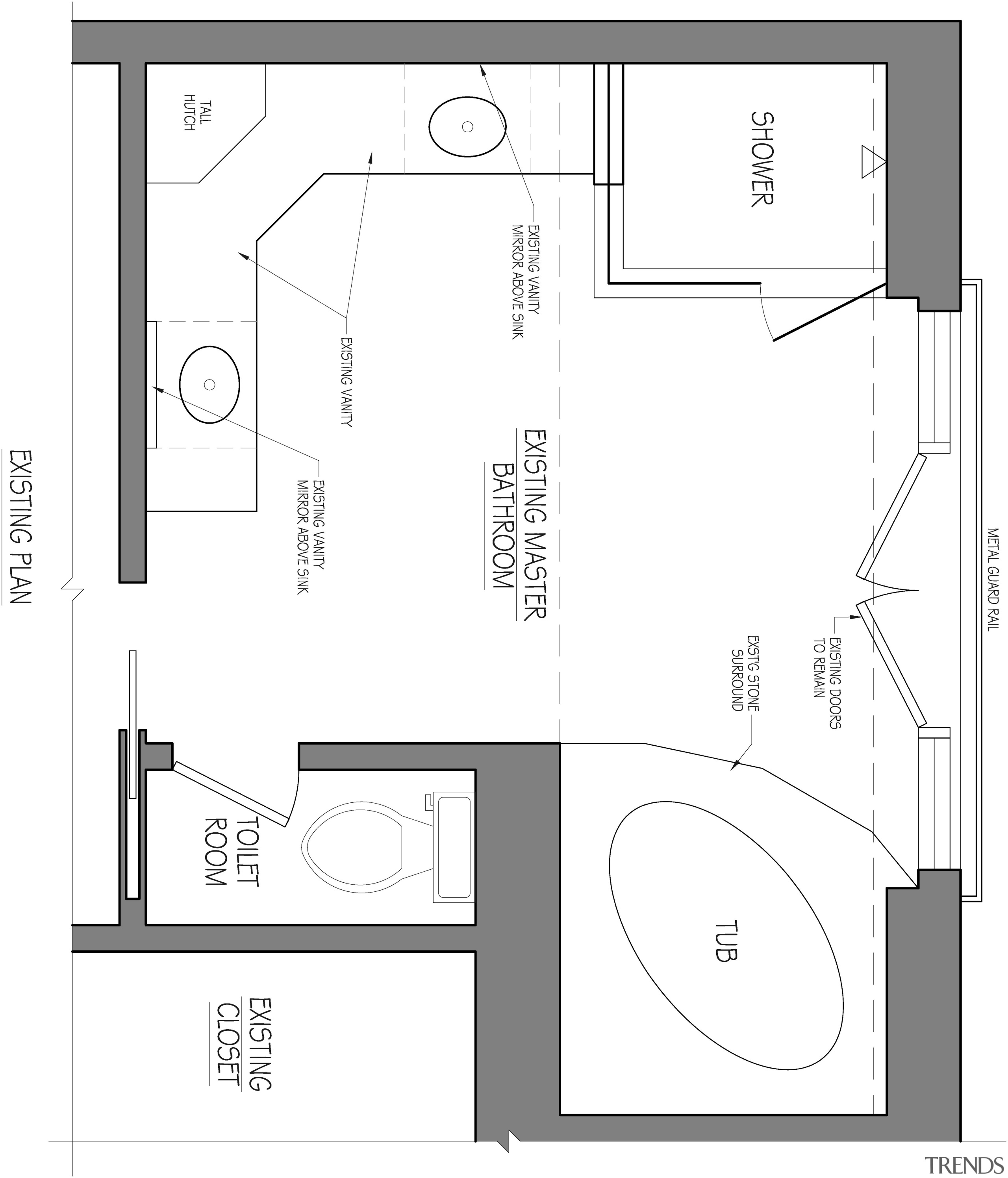 This all-white bathroom replaces a dated master bathroom angle, area, black and white, design, diagram, drawing, floor plan, font, line, pattern, plan, product, product design, structure, white