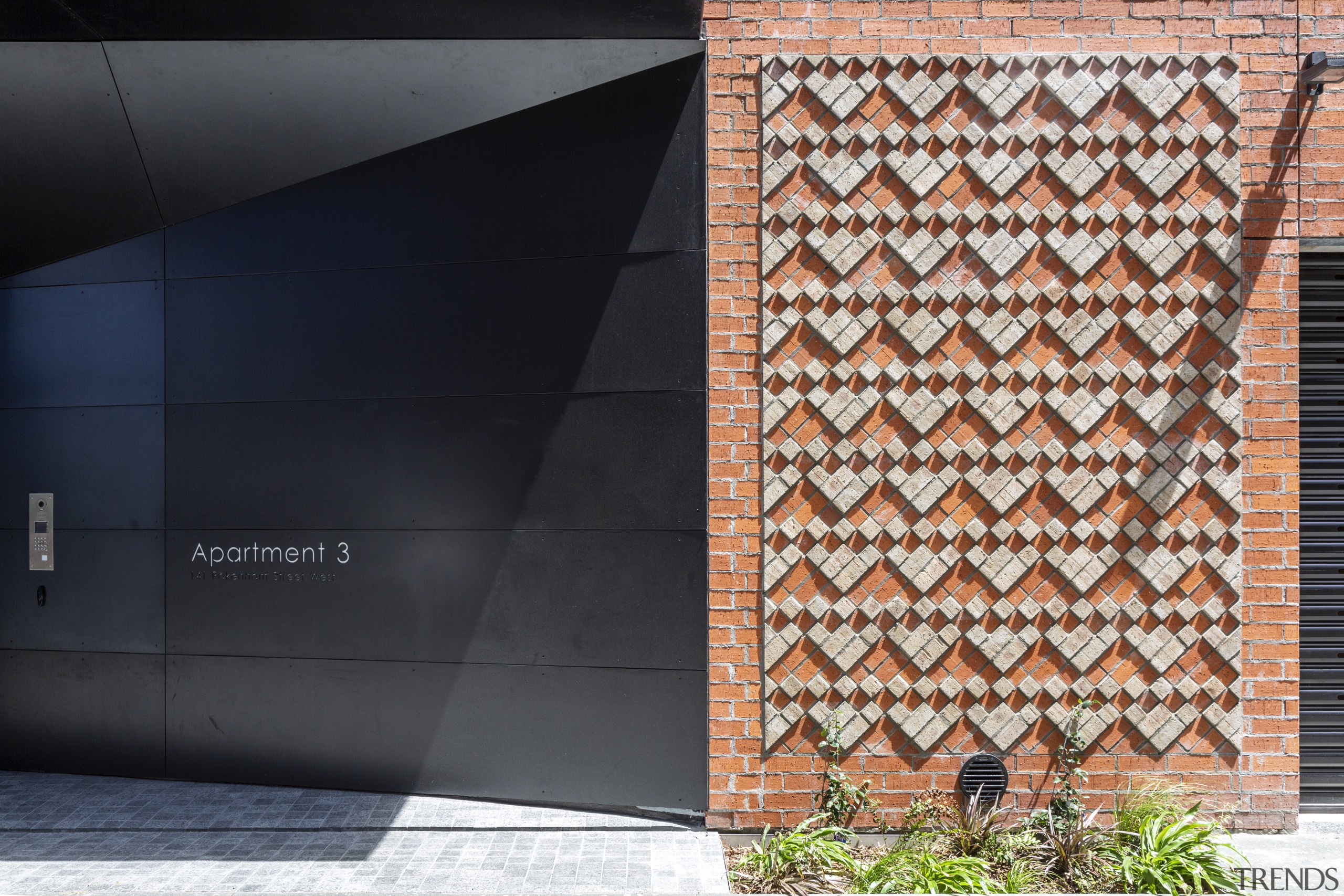 Black and brick predominate on the new Townhouses architecture, design, door, facade, line, pattern, tile, wall, wood, black