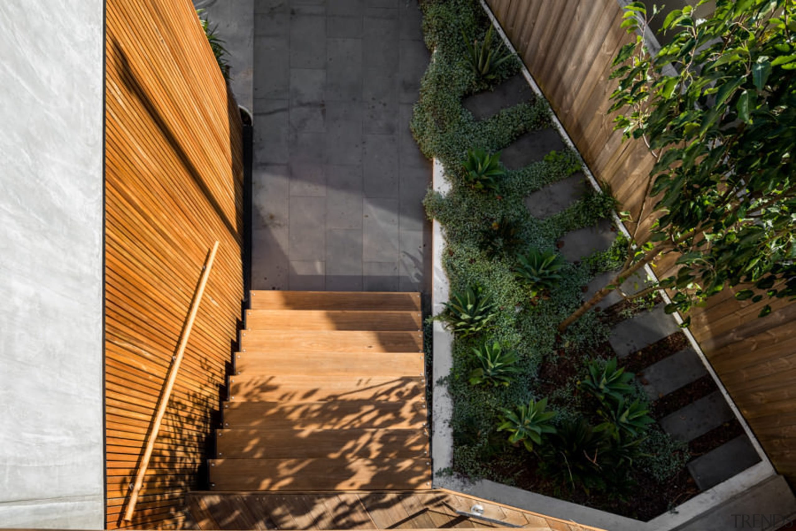 The steps up to the front entrance - architecture, courtyard, facade, house, plant, property, wall, wood, brown