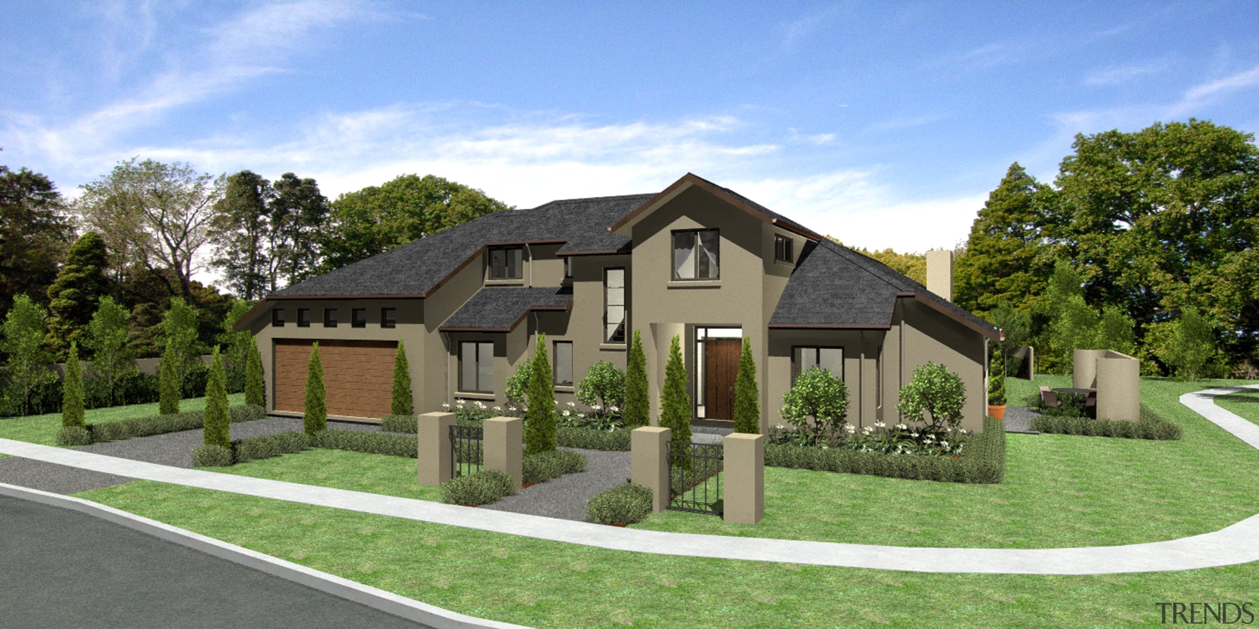 Exterior view of a home designed and built cottage, elevation, estate, facade, home, house, land lot, neighbourhood, property, real estate, residential area, suburb, teal