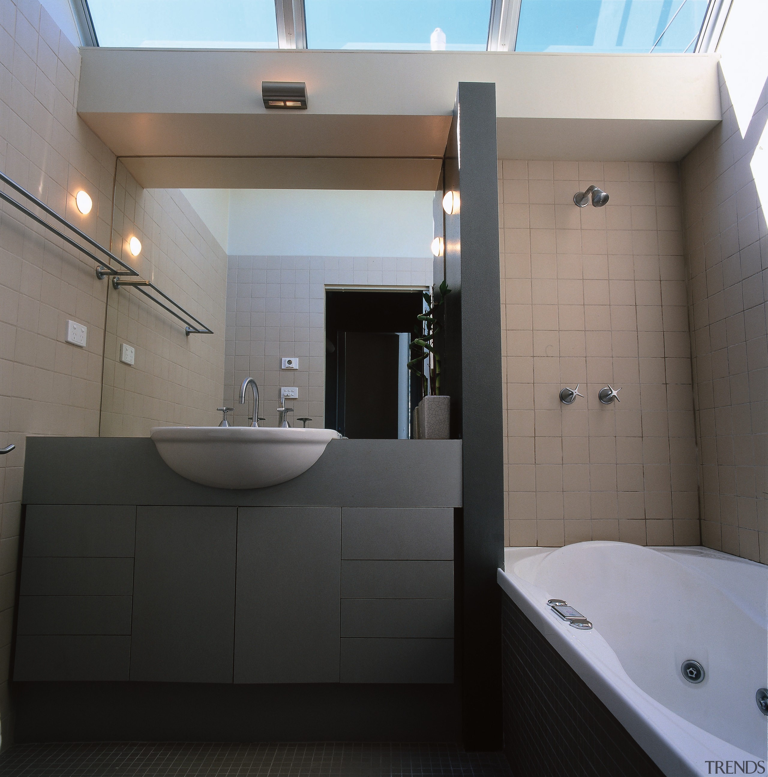 The view of a master bathroom of a architecture, bathroom, bathroom accessory, bathroom cabinet, interior design, product design, room, sink, gray, black