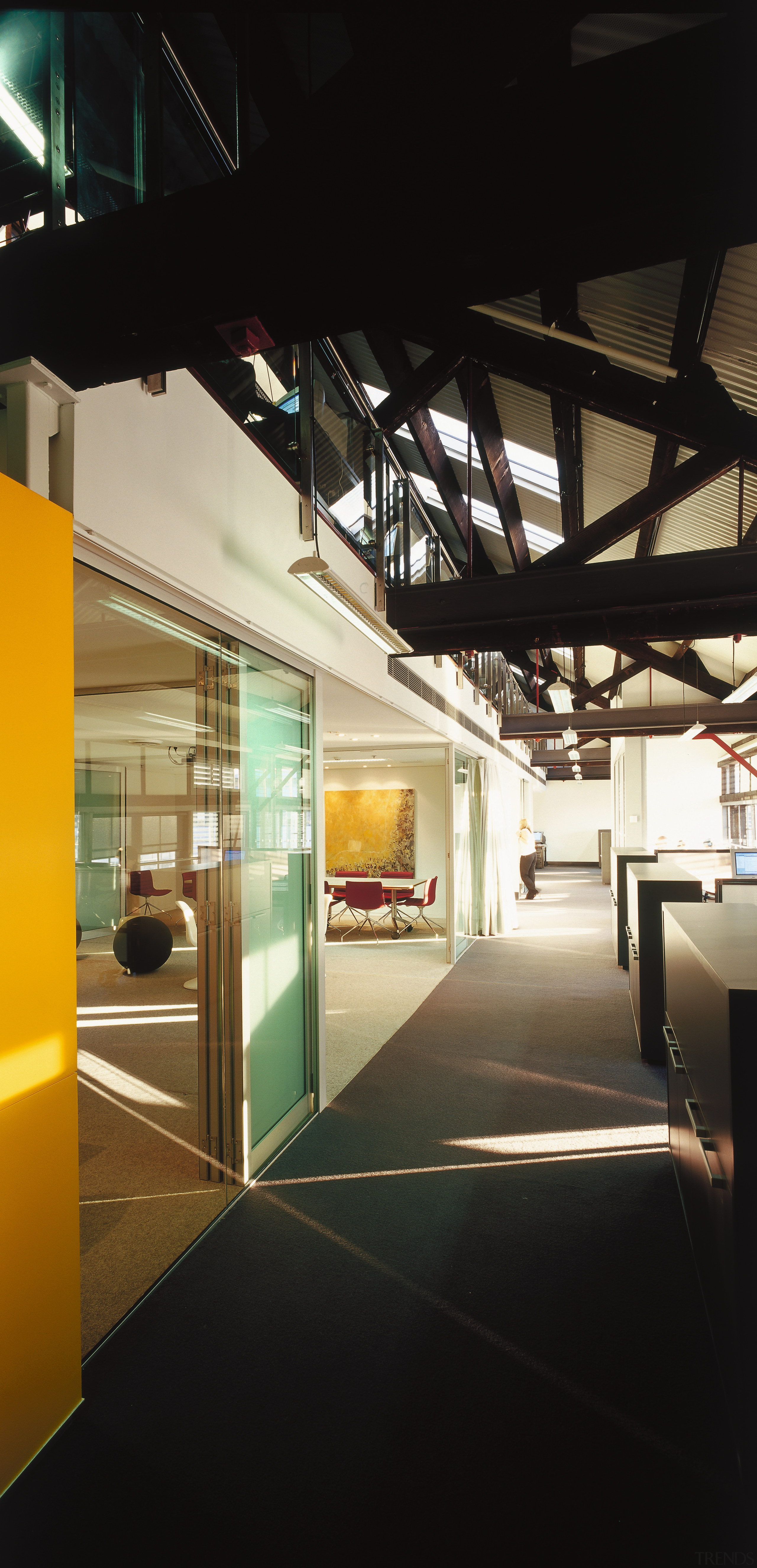 A view of the office area and communal architecture, daylighting, glass, house, interior design, black