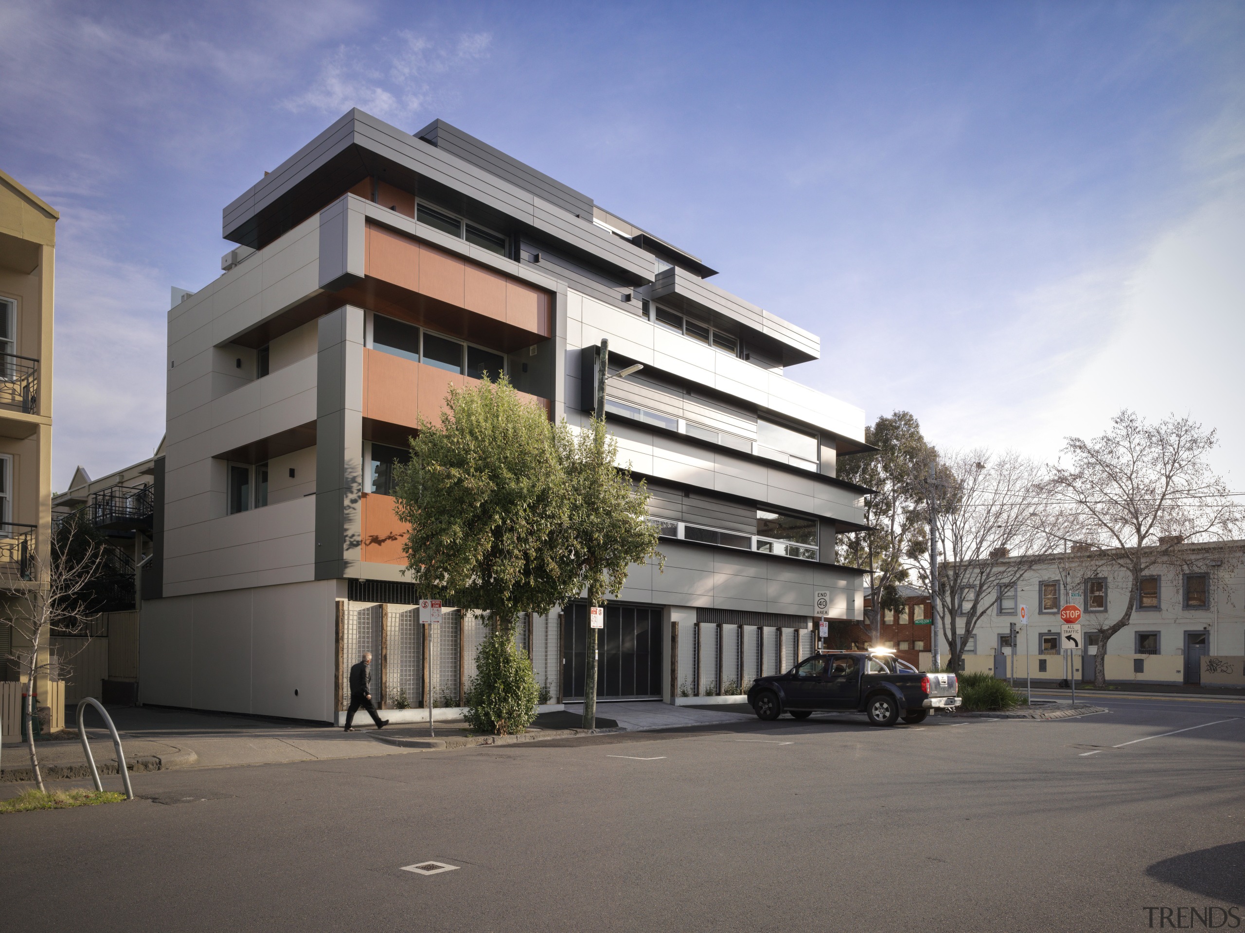 Here is an apartment block designed by Nicholas apartment, architecture, building, commercial building, condominium, corporate headquarters, elevation, facade, home, house, metropolitan area, mixed use, neighbourhood, property, real estate, residential area, gray