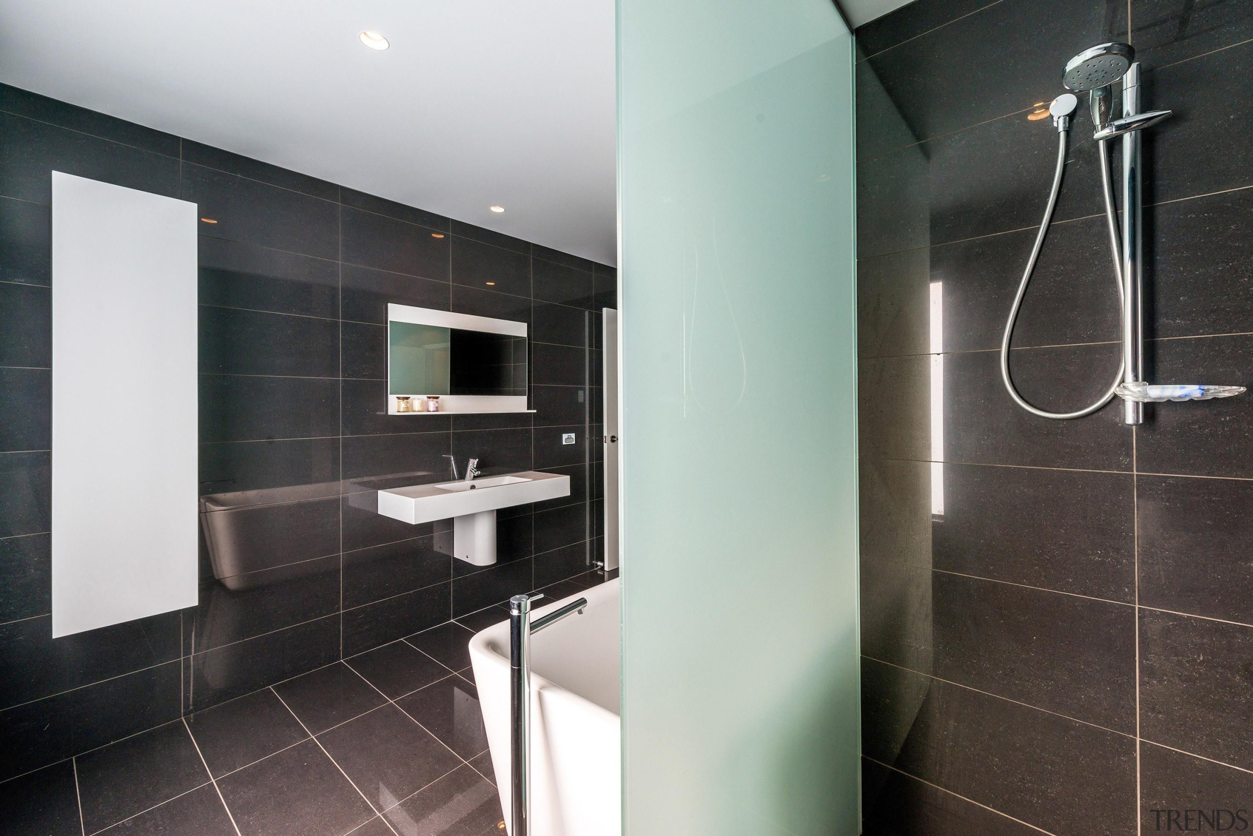 Winner Bathroom of the Year 2013 Tasmania - architecture, bathroom, floor, interior design, property, room, tile, black, gray